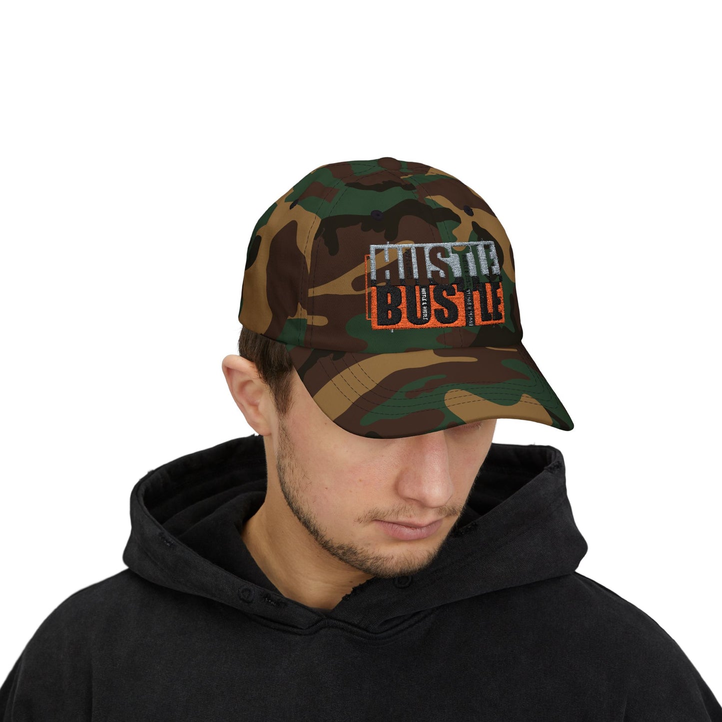 Camo Dad Cap – Hustle & Bustle, Outdoor Style, Gift for Him, Cool Casual Wear, Fishing Cap, Adjustable Hat