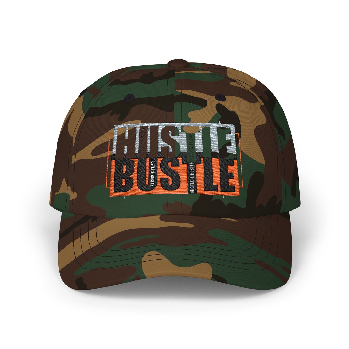 Camo Dad Cap – Hustle & Bustle, Outdoor Style, Gift for Him, Cool Casual Wear, Fishing Cap, Adjustable Hat