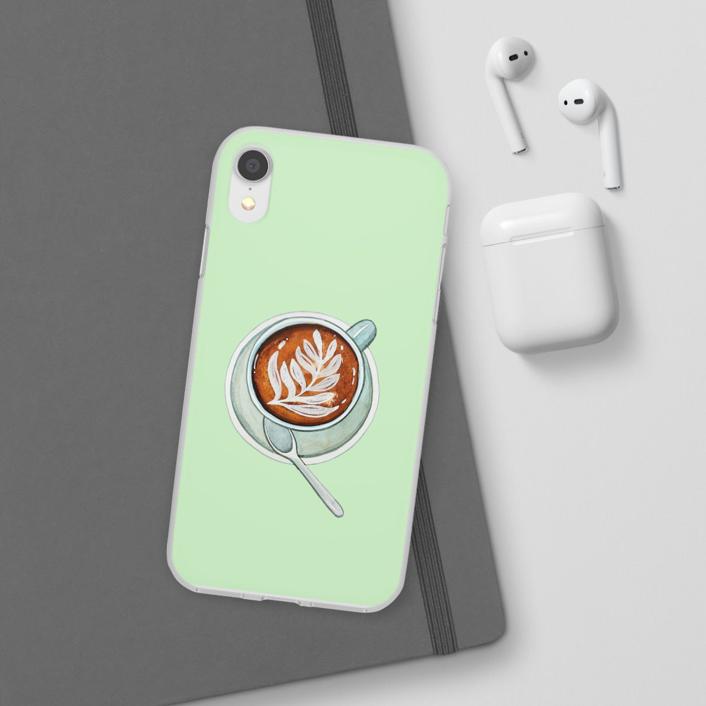 Coffee Art Flexi Cases for iPhone, Cute Phone Cover, Tea Lover Gift, Aesthetic Accessories, Green Leaf Design