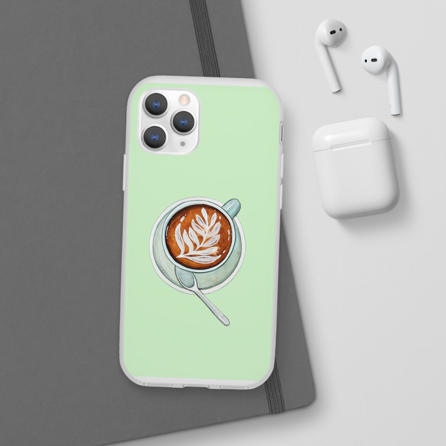 Coffee Art Flexi Cases for iPhone, Cute Phone Cover, Tea Lover Gift, Aesthetic Accessories, Green Leaf Design