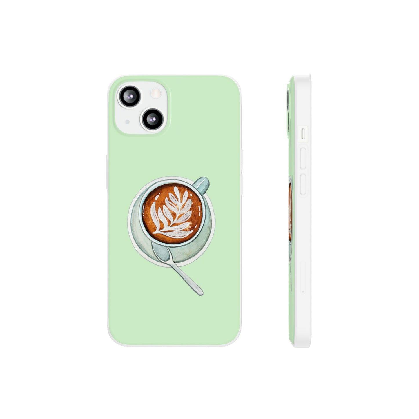Coffee Art Flexi Cases for iPhone, Cute Phone Cover, Tea Lover Gift, Aesthetic Accessories, Green Leaf Design