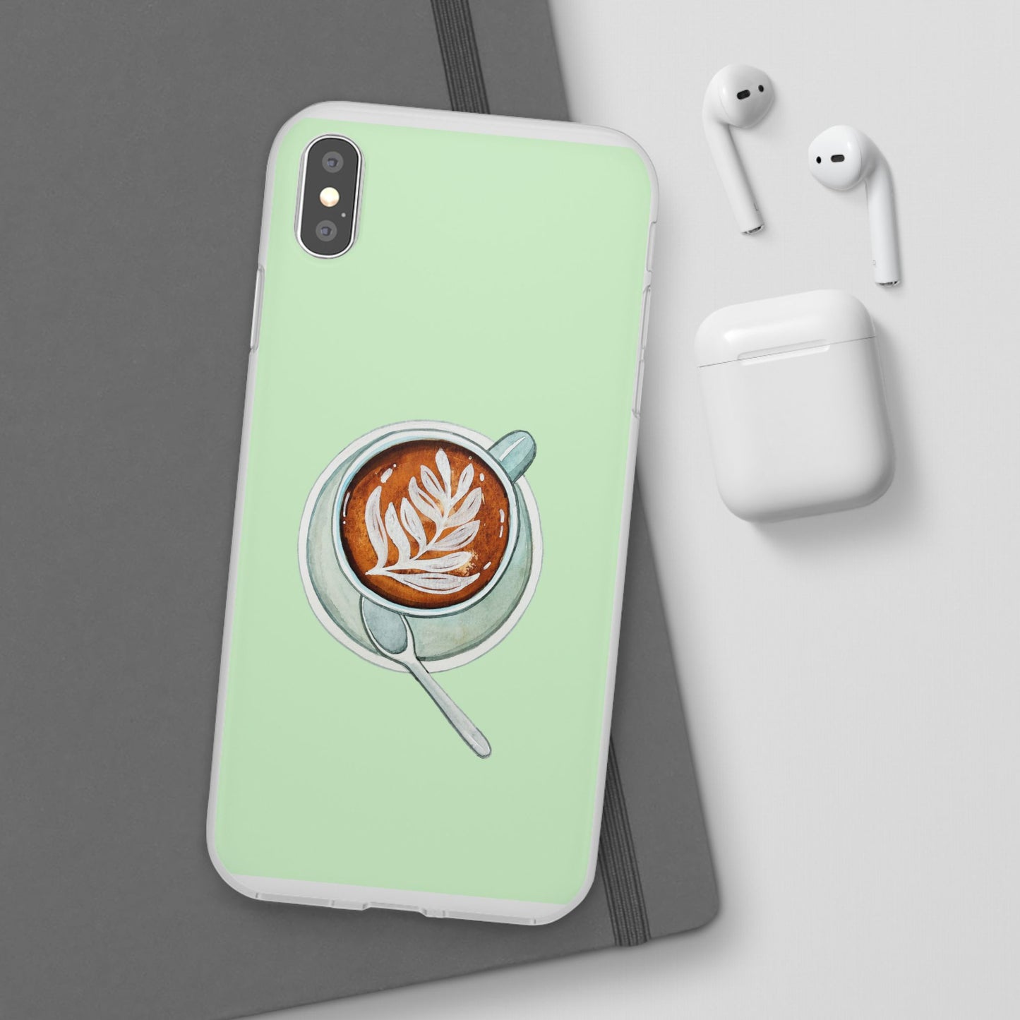 Coffee Art Flexi Cases for iPhone, Cute Phone Cover, Tea Lover Gift, Aesthetic Accessories, Green Leaf Design