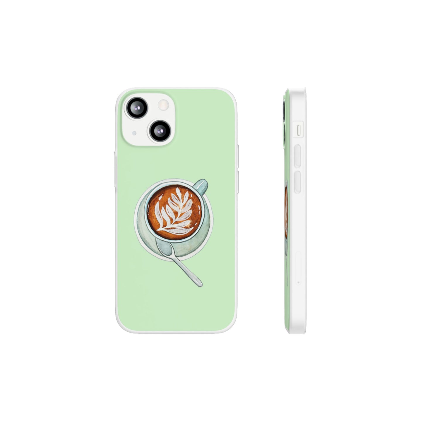 Coffee Art Flexi Cases for iPhone, Cute Phone Cover, Tea Lover Gift, Aesthetic Accessories, Green Leaf Design