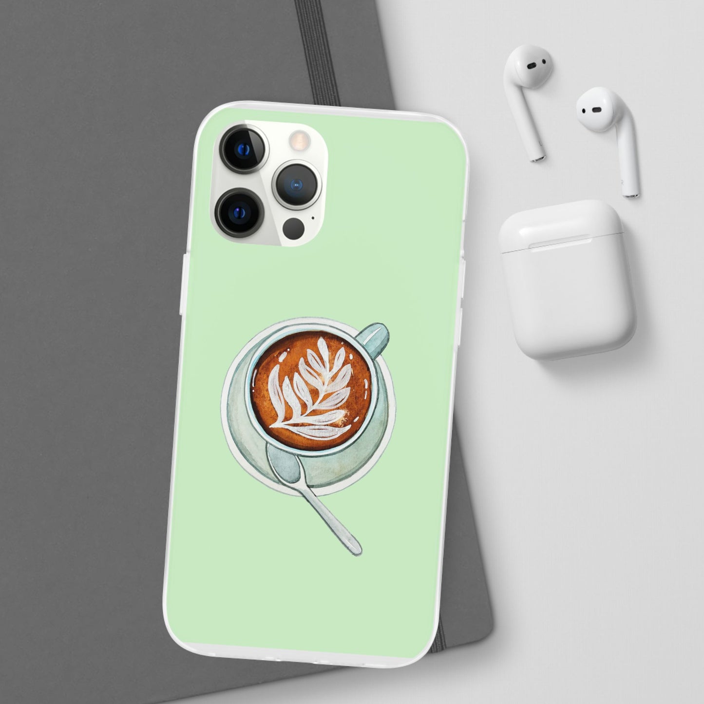 Coffee Art Flexi Cases for iPhone, Cute Phone Cover, Tea Lover Gift, Aesthetic Accessories, Green Leaf Design