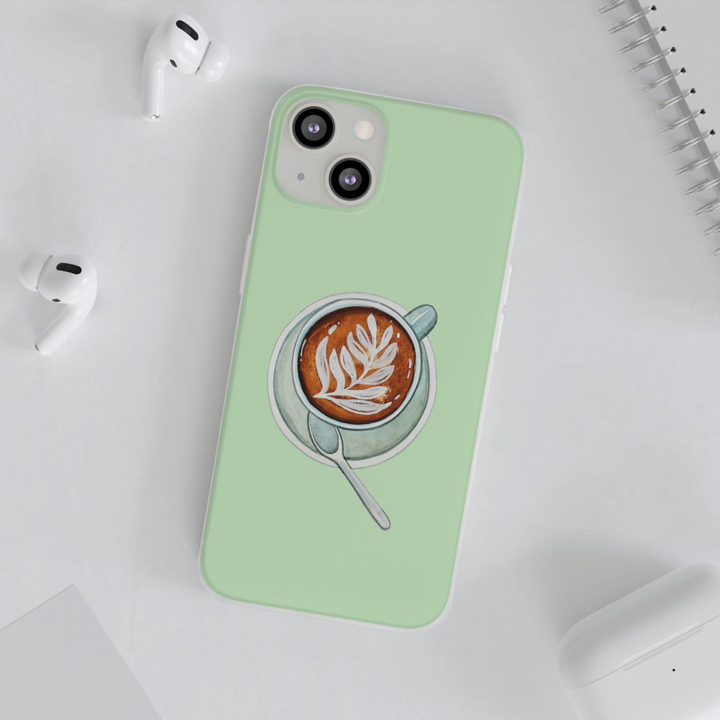Coffee Art Flexi Cases for iPhone, Cute Phone Cover, Tea Lover Gift, Aesthetic Accessories, Green Leaf Design