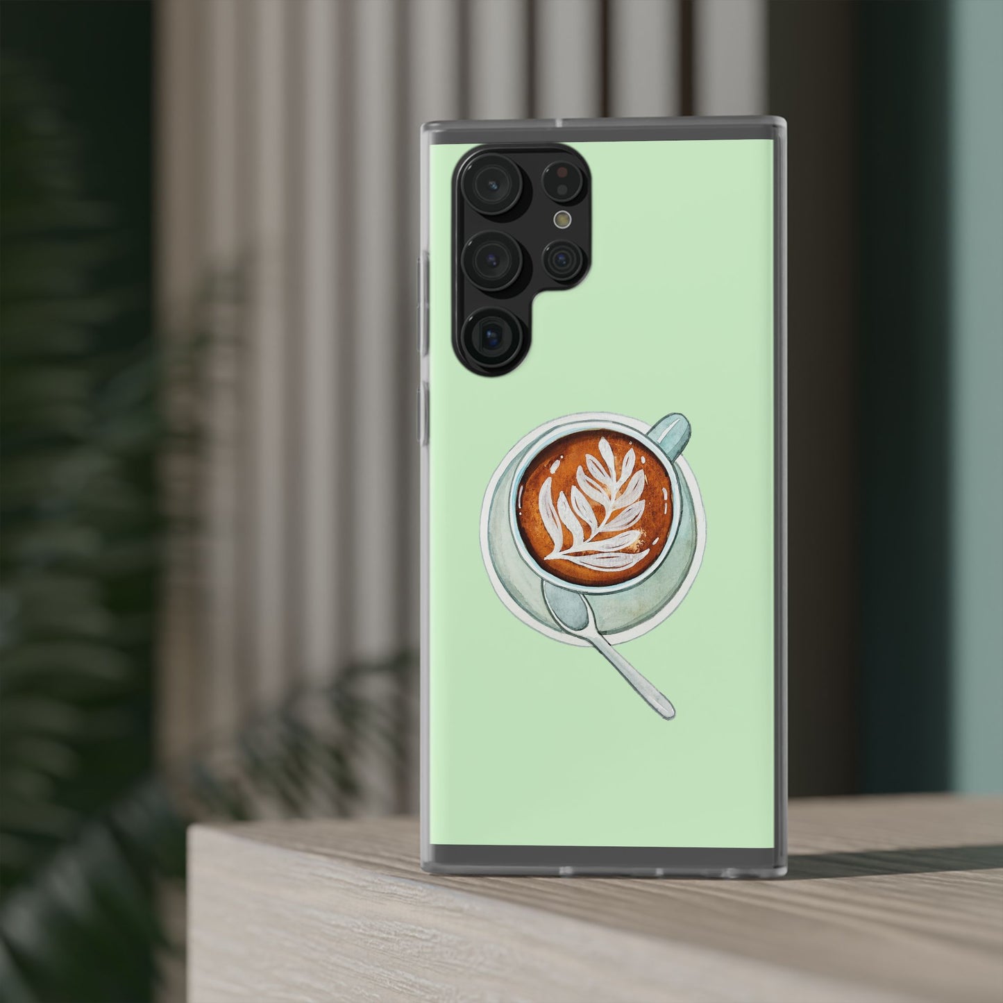 Coffee Art Flexi Cases for iPhone, Cute Phone Cover, Tea Lover Gift, Aesthetic Accessories, Green Leaf Design