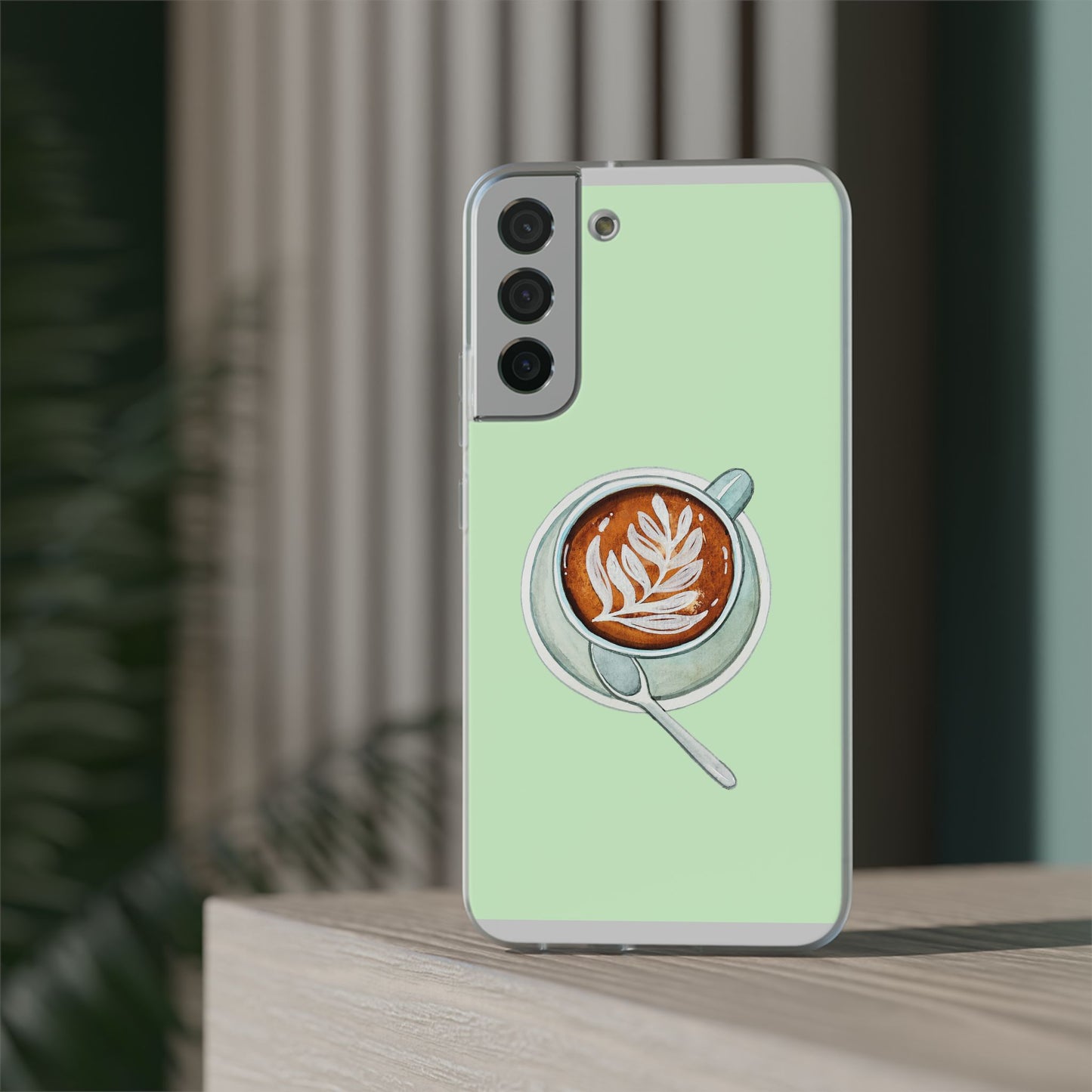 Coffee Art Flexi Cases for iPhone, Cute Phone Cover, Tea Lover Gift, Aesthetic Accessories, Green Leaf Design