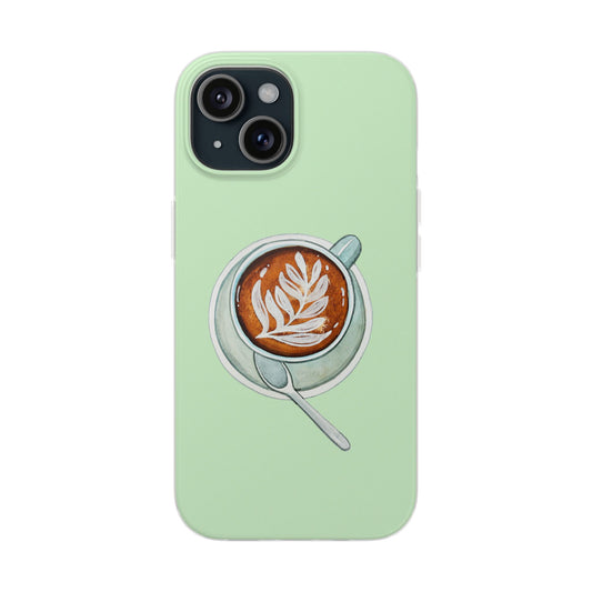 Coffee Art Flexi Cases for iPhone, Cute Phone Cover, Tea Lover Gift, Aesthetic Accessories, Green Leaf Design