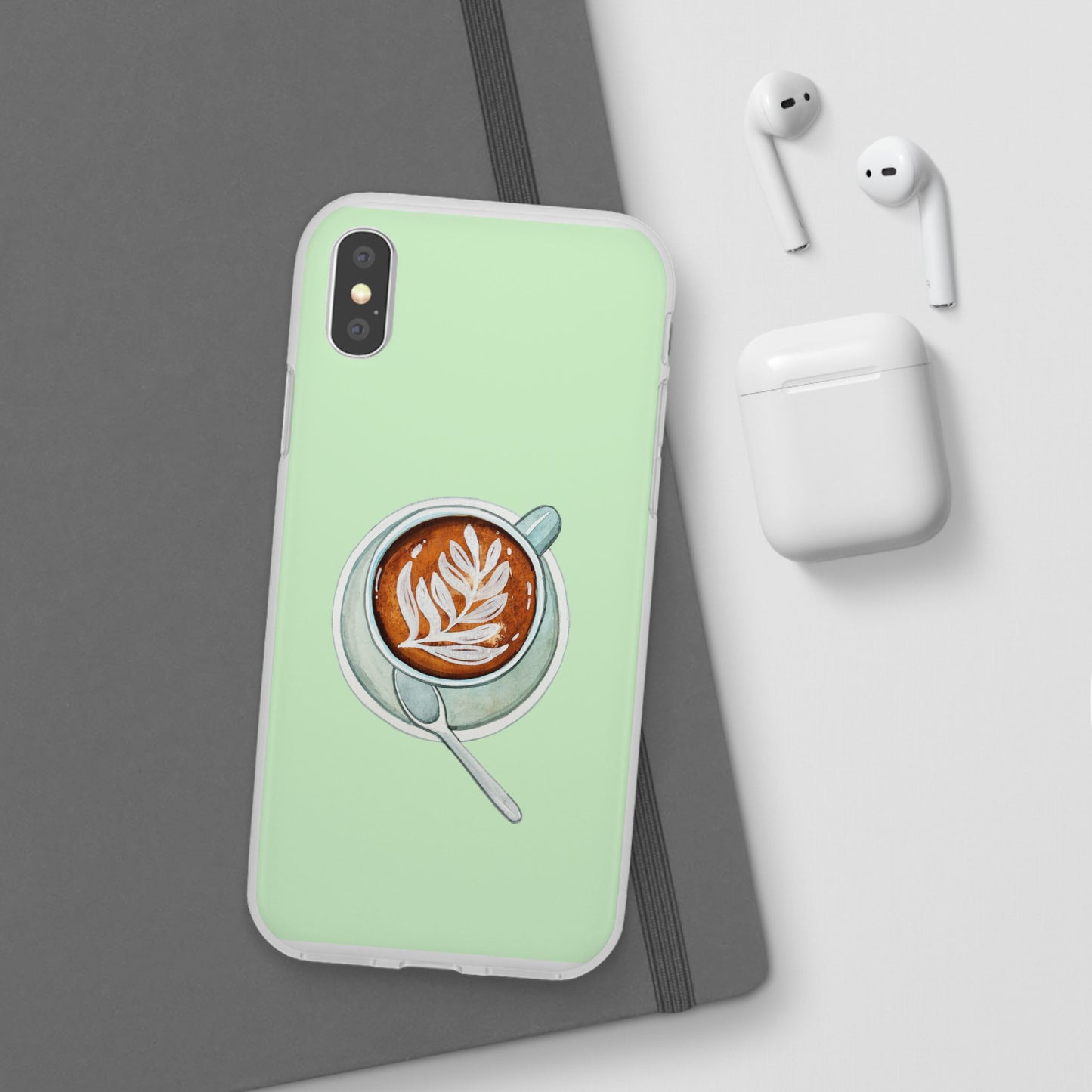 Coffee Art Flexi Cases for iPhone, Cute Phone Cover, Tea Lover Gift, Aesthetic Accessories, Green Leaf Design