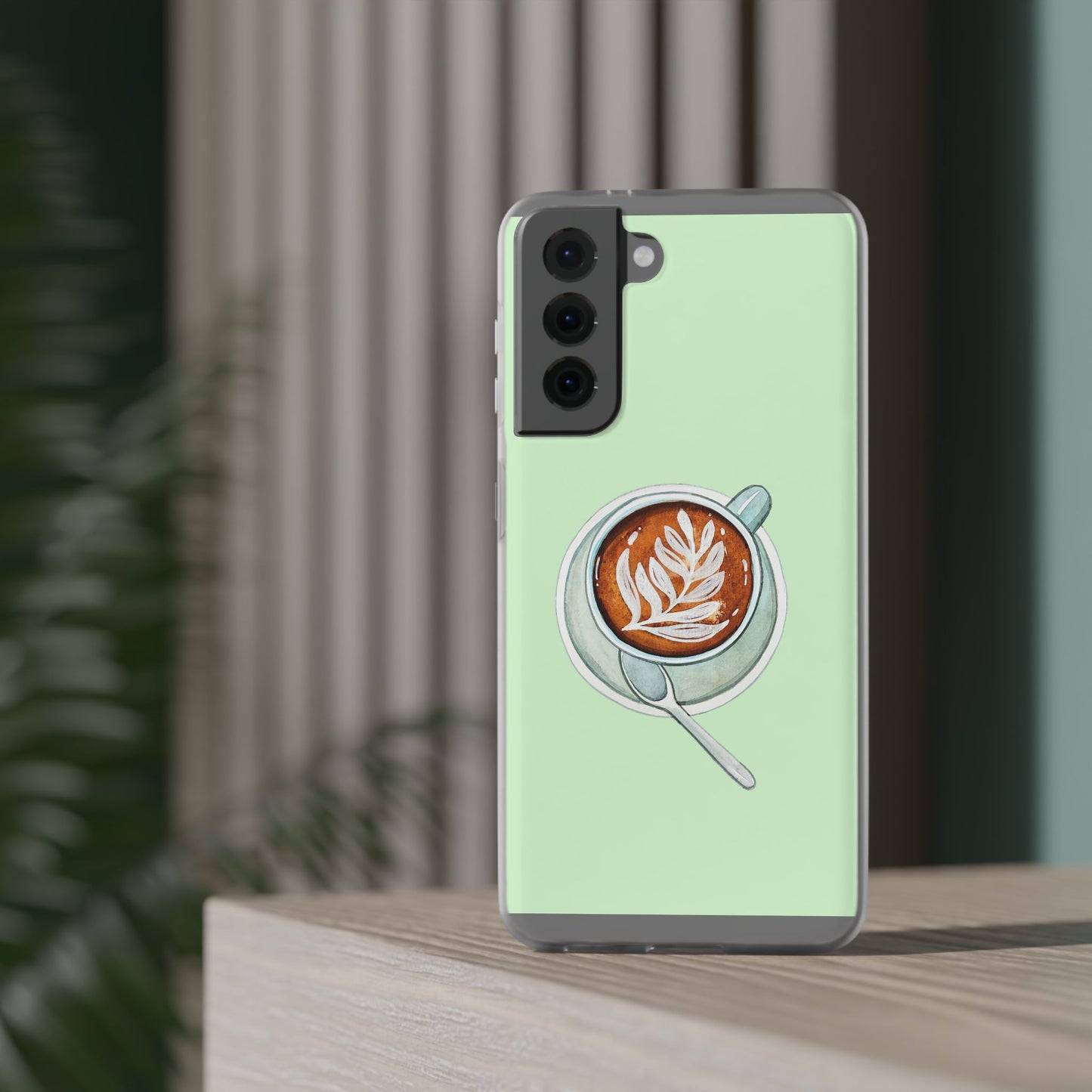 Coffee Art Flexi Cases for iPhone, Cute Phone Cover, Tea Lover Gift, Aesthetic Accessories, Green Leaf Design