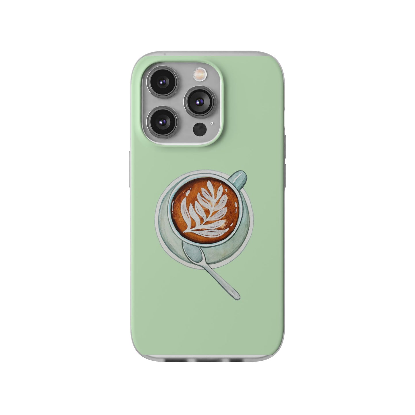 Coffee Art Flexi Cases for iPhone, Cute Phone Cover, Tea Lover Gift, Aesthetic Accessories, Green Leaf Design