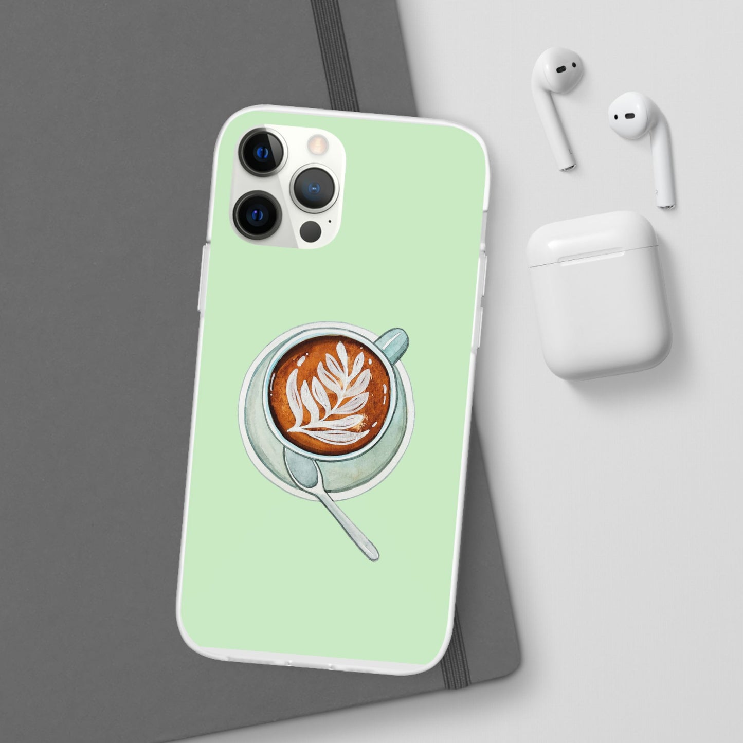 Coffee Art Flexi Cases for iPhone, Cute Phone Cover, Tea Lover Gift, Aesthetic Accessories, Green Leaf Design