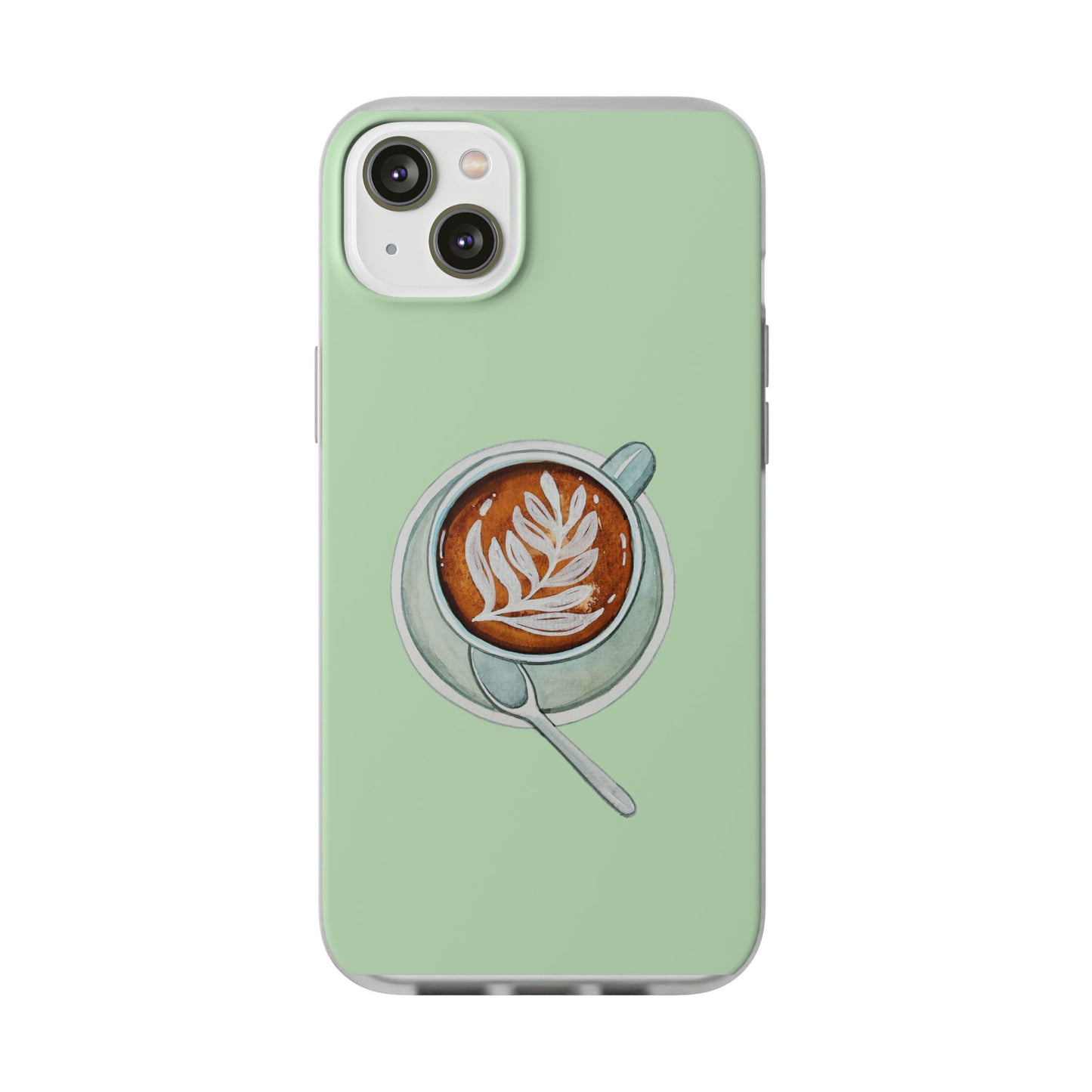 Coffee Art Flexi Cases for iPhone, Cute Phone Cover, Tea Lover Gift, Aesthetic Accessories, Green Leaf Design