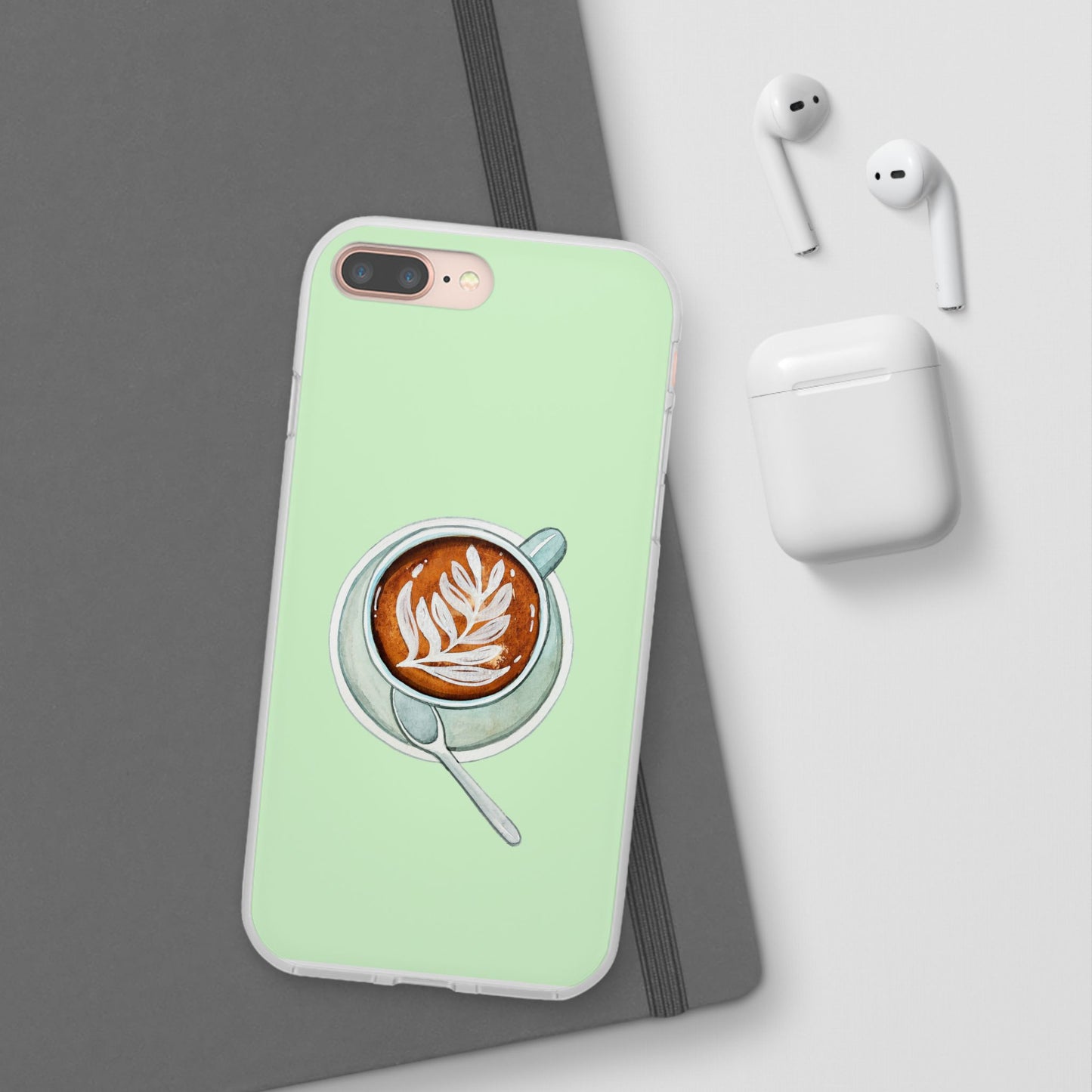 Coffee Art Flexi Cases for iPhone, Cute Phone Cover, Tea Lover Gift, Aesthetic Accessories, Green Leaf Design
