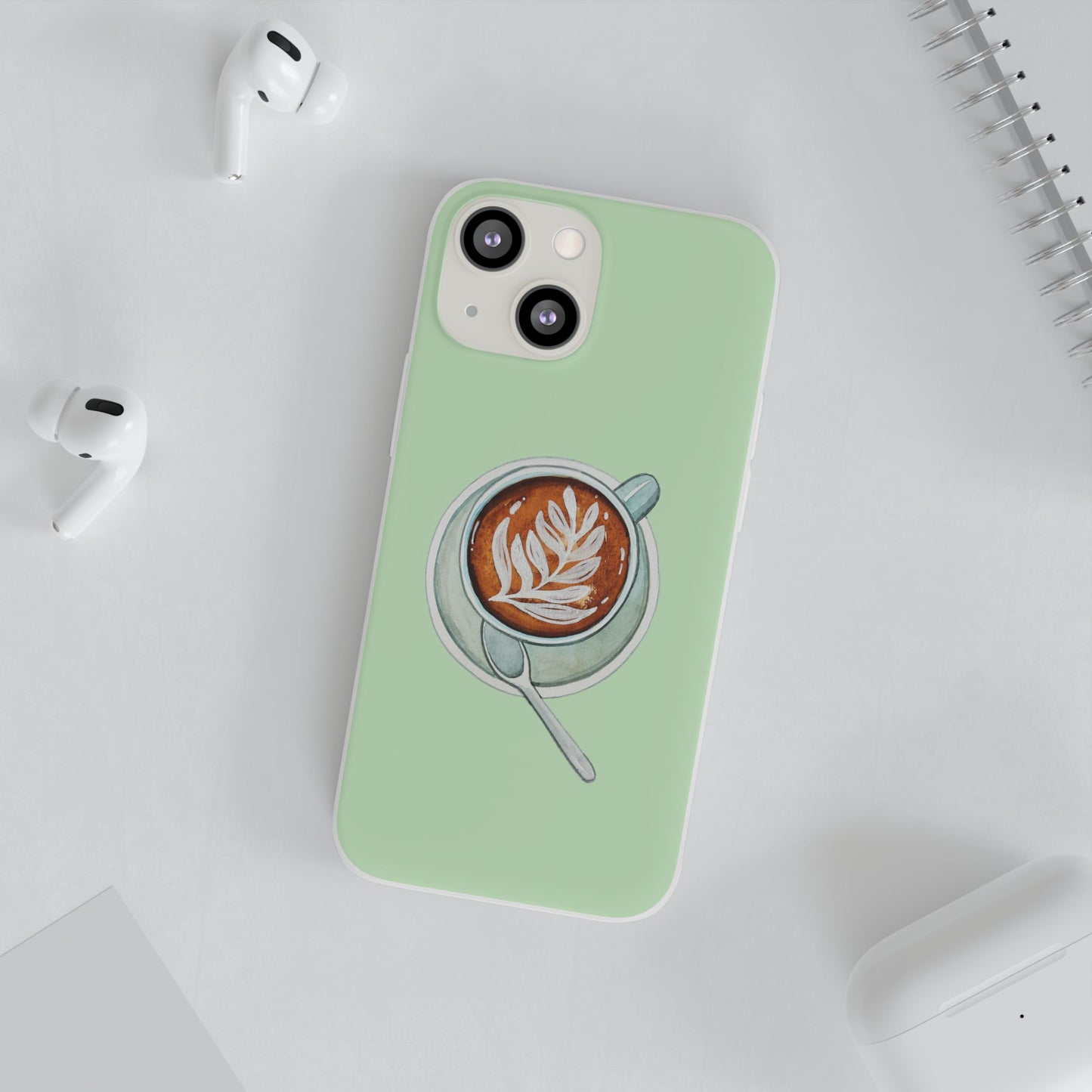 Coffee Art Flexi Cases for iPhone, Cute Phone Cover, Tea Lover Gift, Aesthetic Accessories, Green Leaf Design