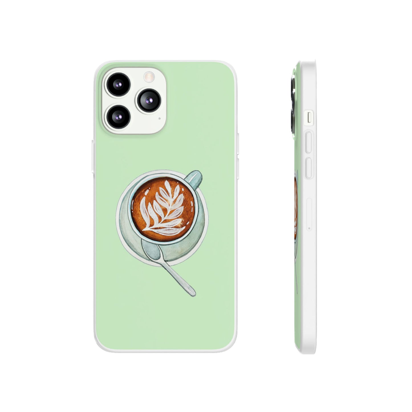 Coffee Art Flexi Cases for iPhone, Cute Phone Cover, Tea Lover Gift, Aesthetic Accessories, Green Leaf Design