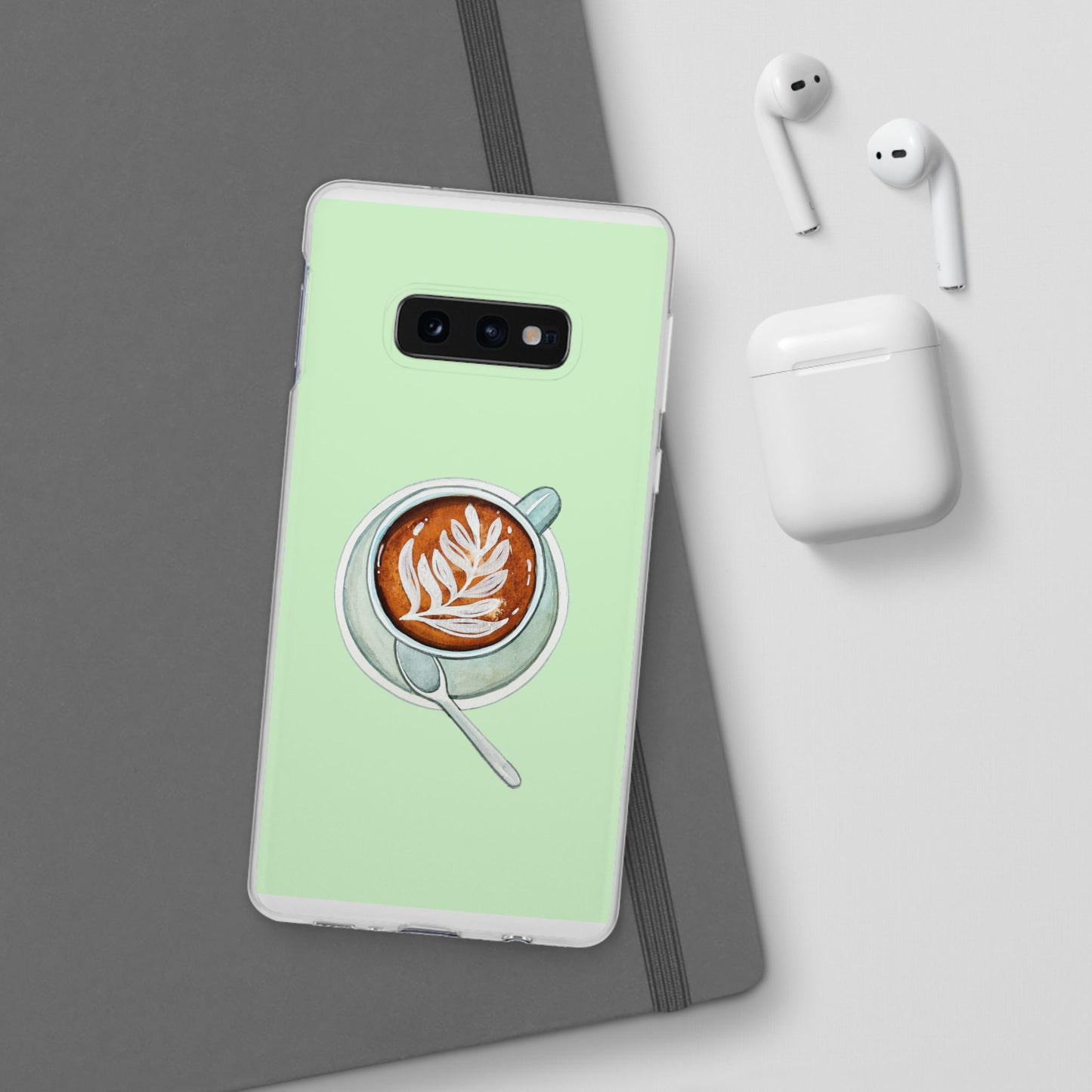 Coffee Art Flexi Cases for iPhone, Cute Phone Cover, Tea Lover Gift, Aesthetic Accessories, Green Leaf Design