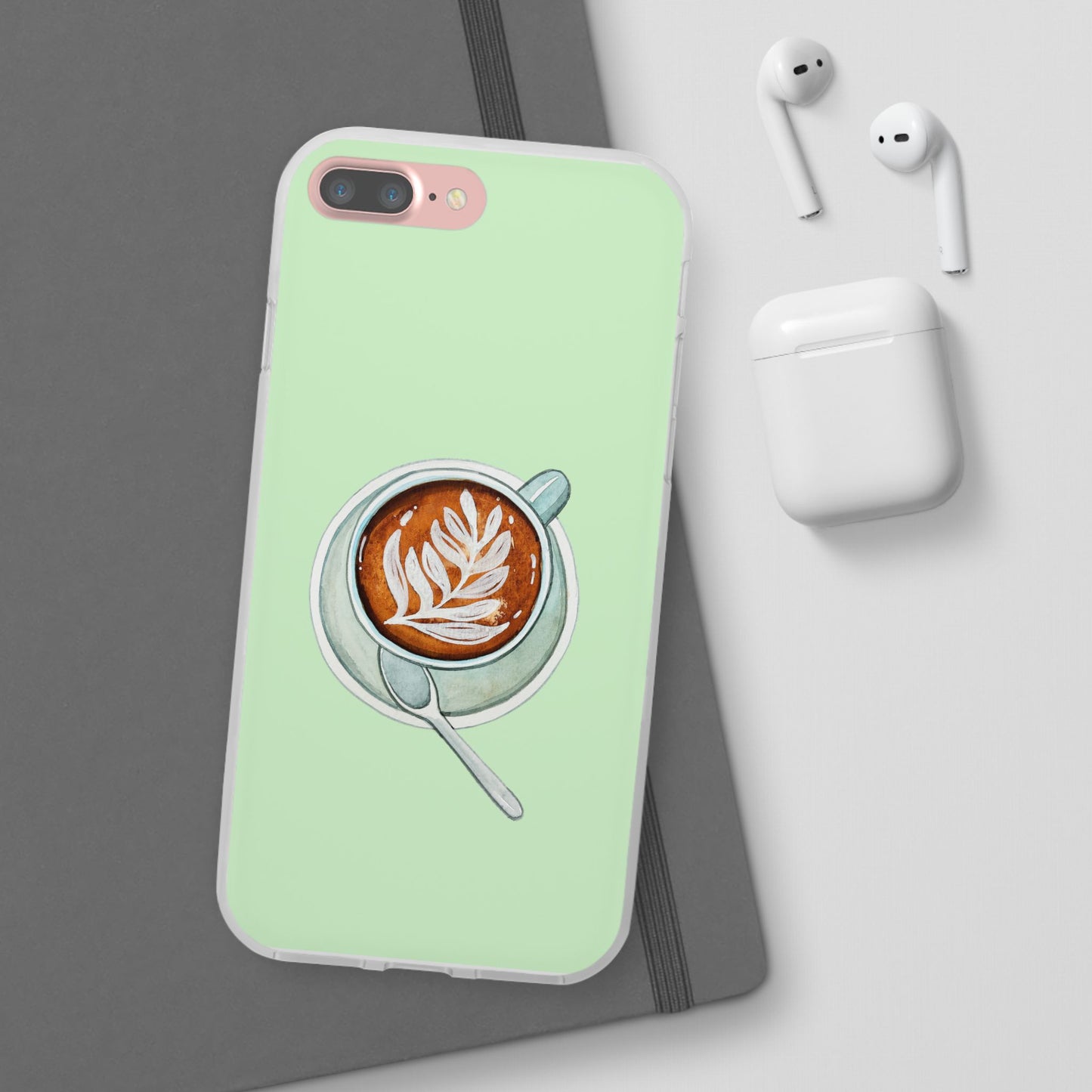 Coffee Art Flexi Cases for iPhone, Cute Phone Cover, Tea Lover Gift, Aesthetic Accessories, Green Leaf Design