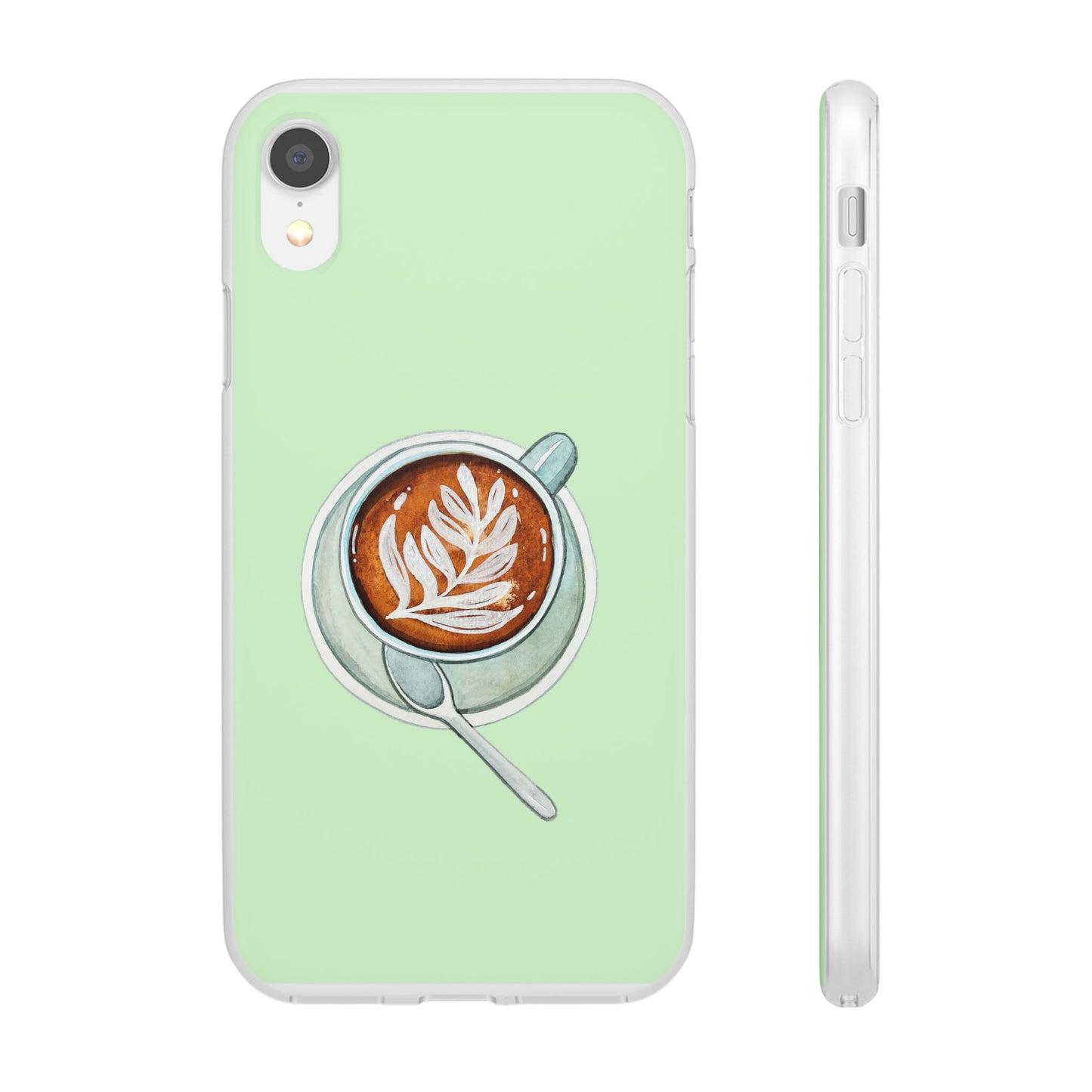Coffee Art Flexi Cases for iPhone, Cute Phone Cover, Tea Lover Gift, Aesthetic Accessories, Green Leaf Design