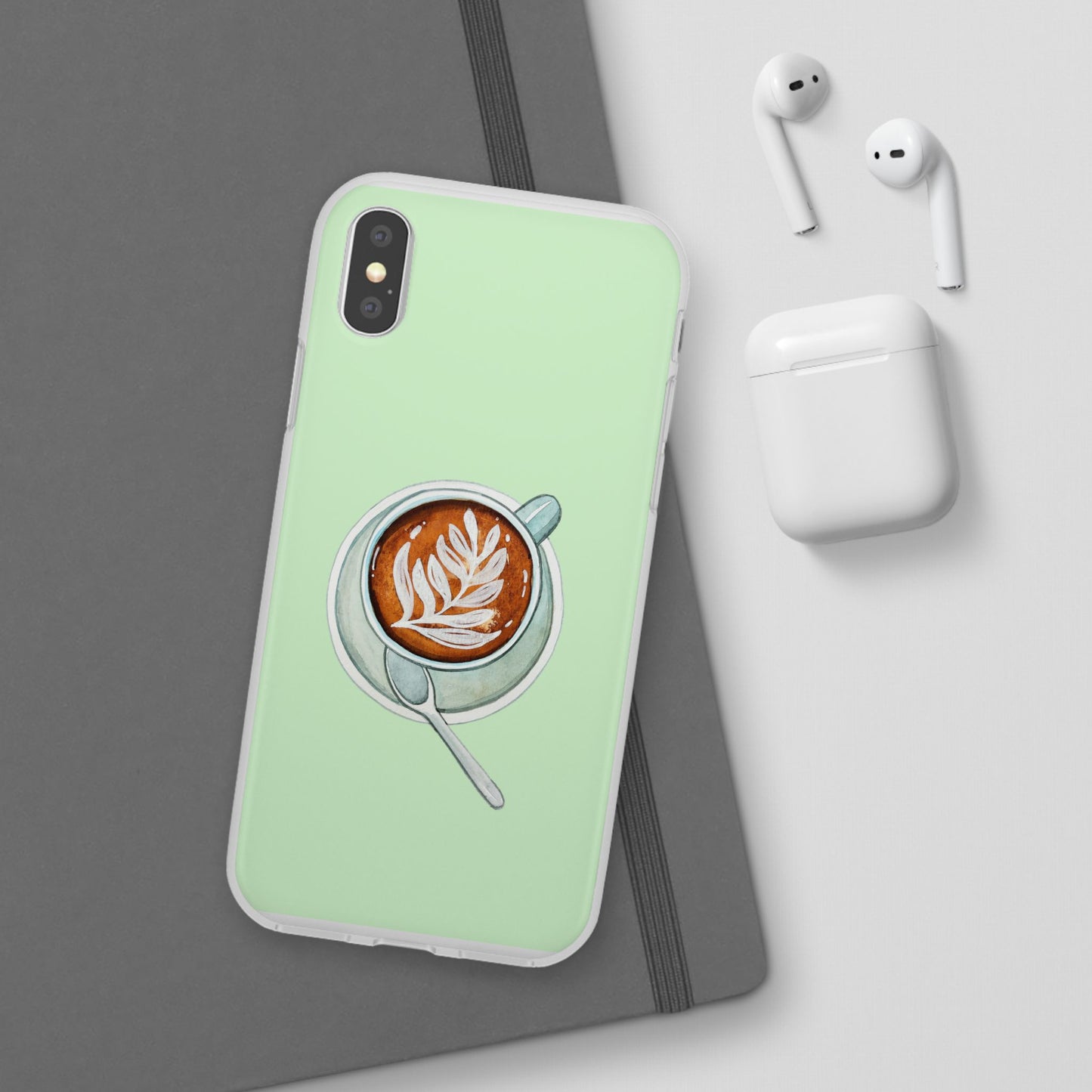 Coffee Art Flexi Cases for iPhone, Cute Phone Cover, Tea Lover Gift, Aesthetic Accessories, Green Leaf Design