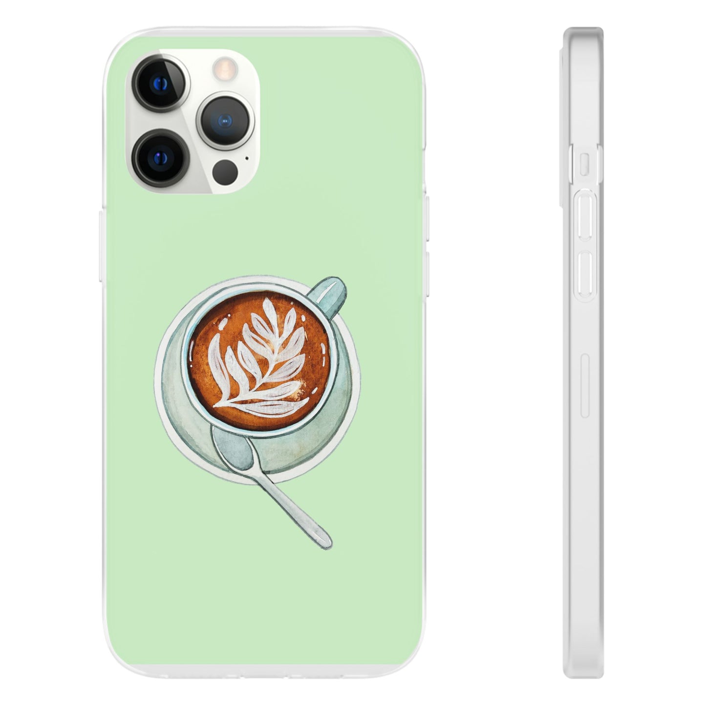 Coffee Art Flexi Cases for iPhone, Cute Phone Cover, Tea Lover Gift, Aesthetic Accessories, Green Leaf Design