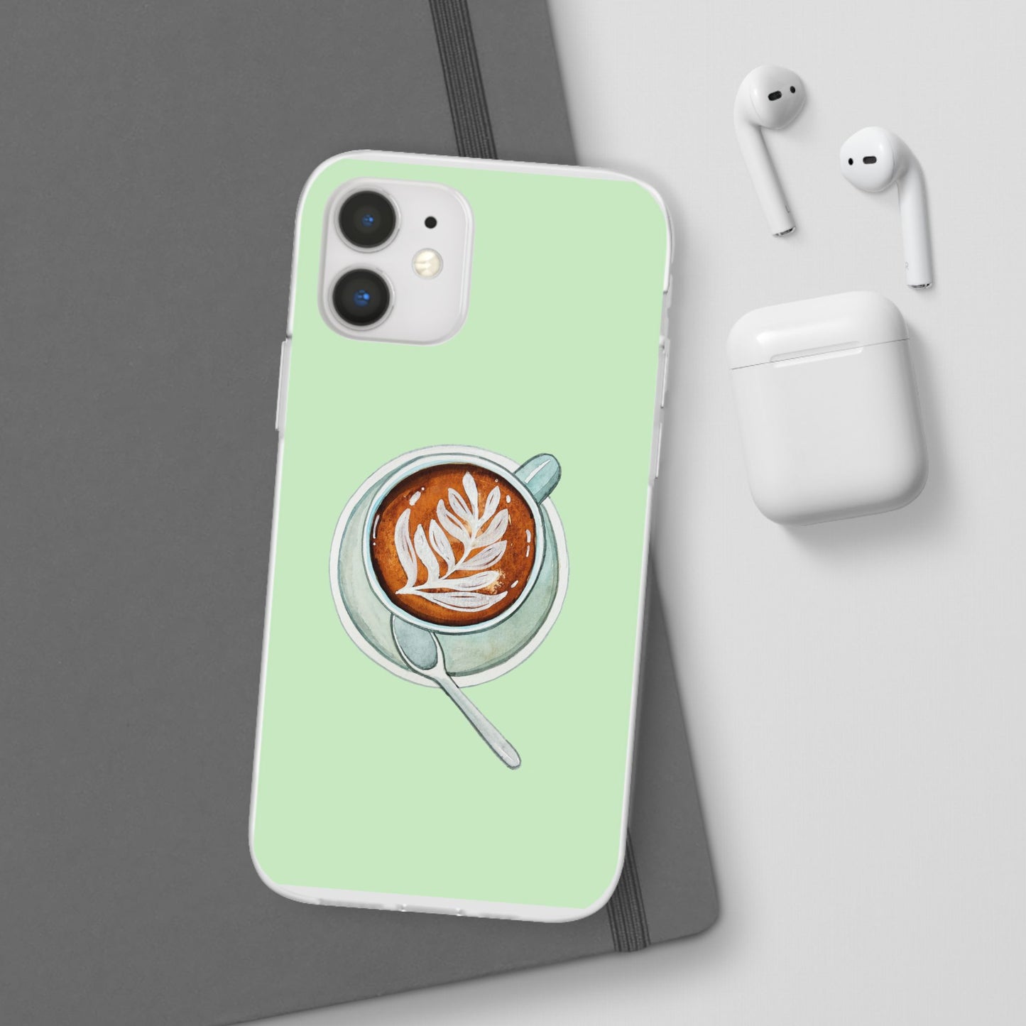 Coffee Art Flexi Cases for iPhone, Cute Phone Cover, Tea Lover Gift, Aesthetic Accessories, Green Leaf Design