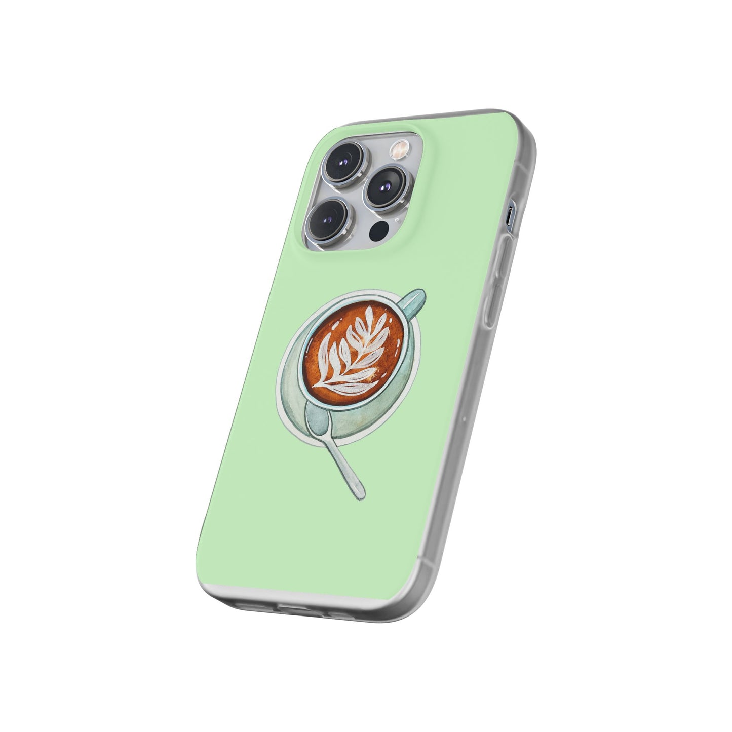 Coffee Art Flexi Cases for iPhone, Cute Phone Cover, Tea Lover Gift, Aesthetic Accessories, Green Leaf Design