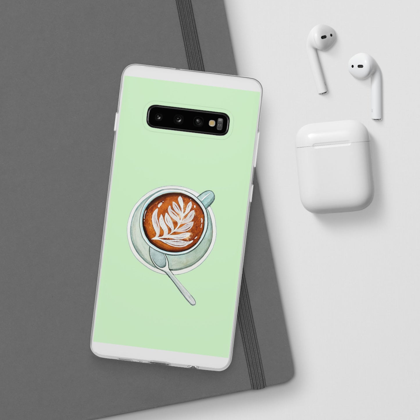 Coffee Art Flexi Cases for iPhone, Cute Phone Cover, Tea Lover Gift, Aesthetic Accessories, Green Leaf Design