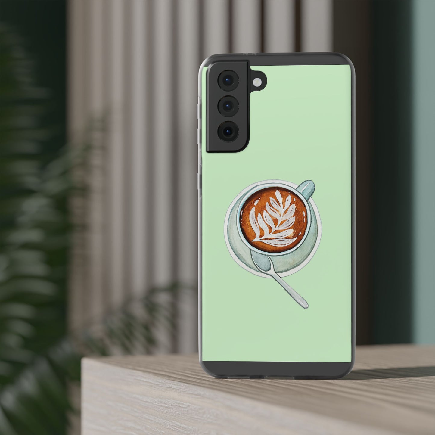 Coffee Art Flexi Cases for iPhone, Cute Phone Cover, Tea Lover Gift, Aesthetic Accessories, Green Leaf Design