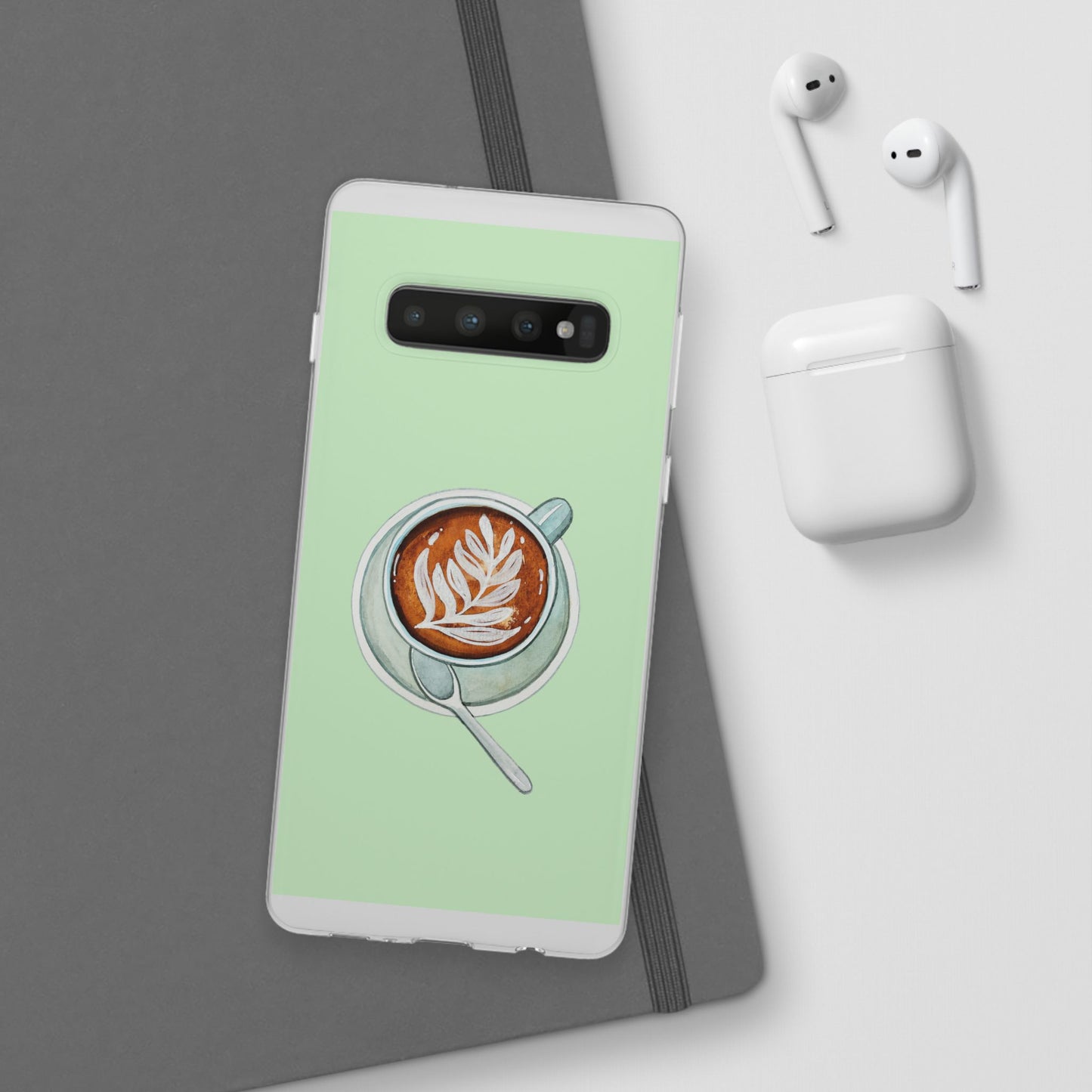 Coffee Art Flexi Cases for iPhone, Cute Phone Cover, Tea Lover Gift, Aesthetic Accessories, Green Leaf Design