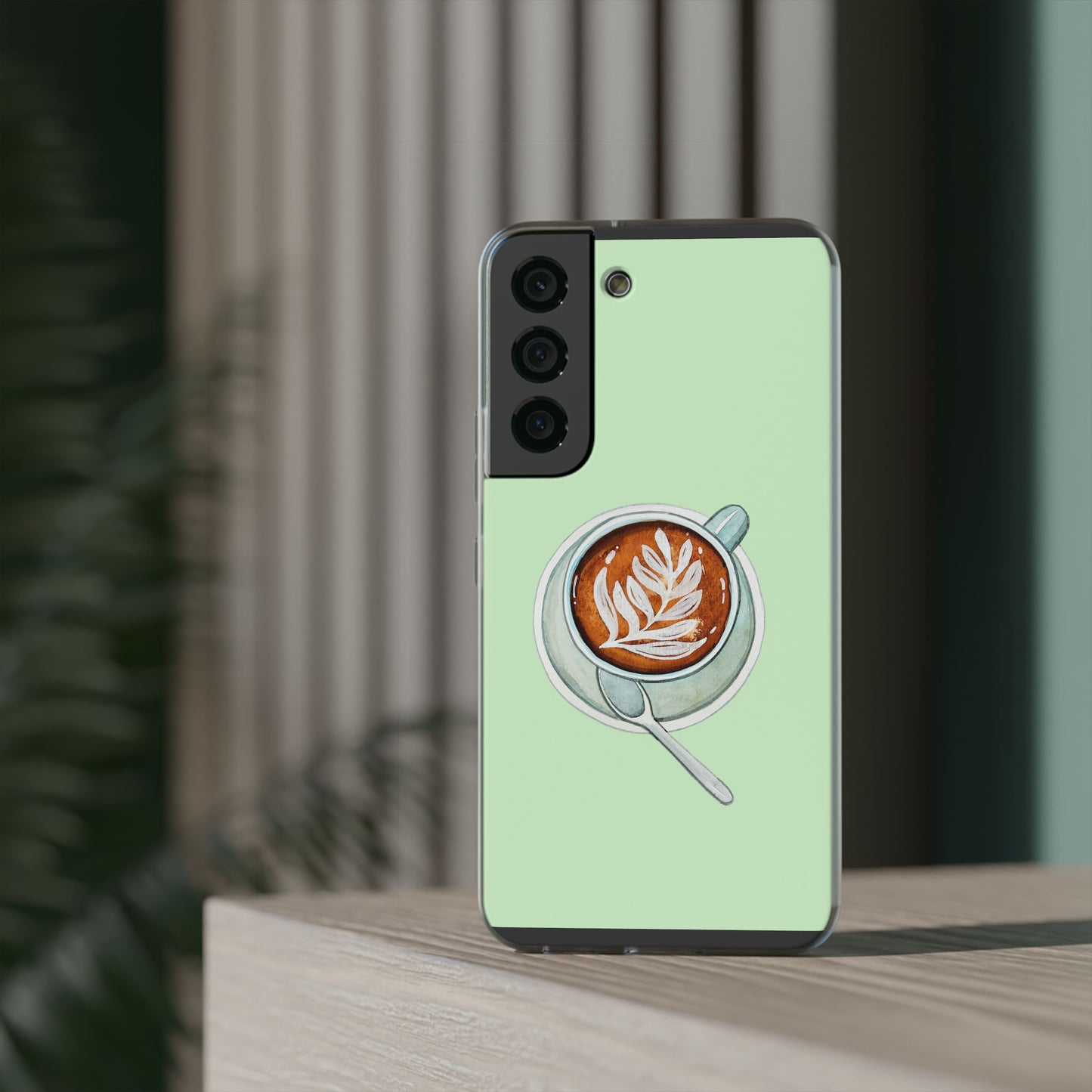 Coffee Art Flexi Cases for iPhone, Cute Phone Cover, Tea Lover Gift, Aesthetic Accessories, Green Leaf Design