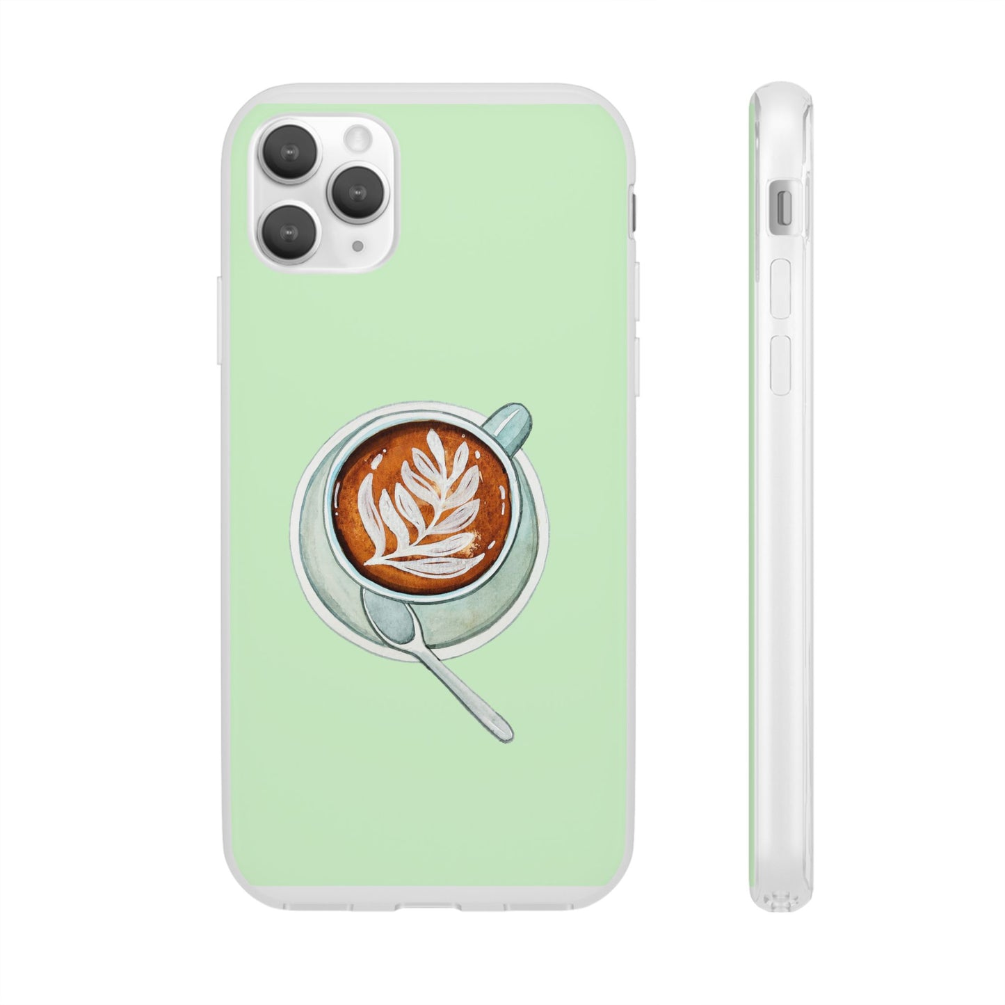 Coffee Art Flexi Cases for iPhone, Cute Phone Cover, Tea Lover Gift, Aesthetic Accessories, Green Leaf Design
