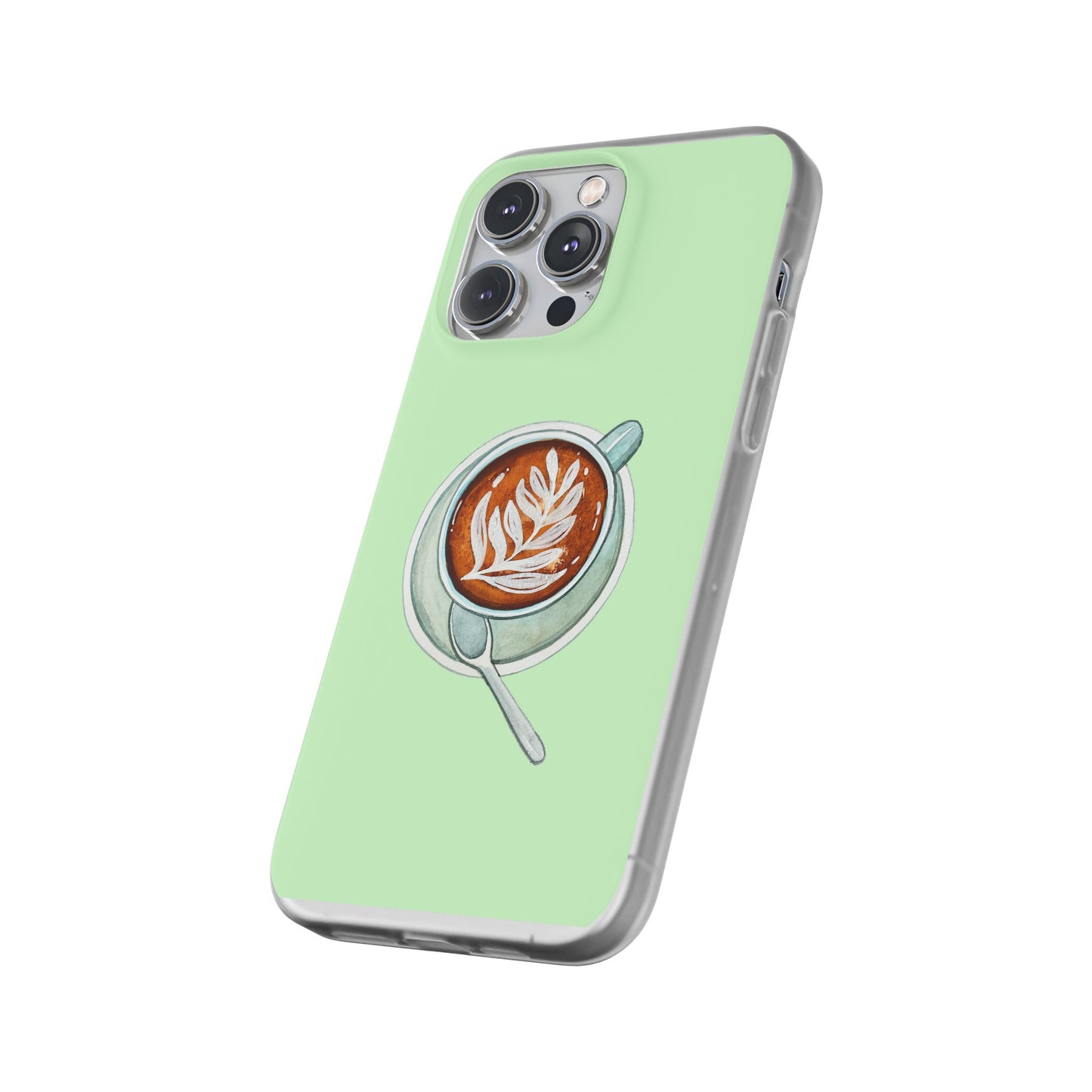 Coffee Art Flexi Cases for iPhone, Cute Phone Cover, Tea Lover Gift, Aesthetic Accessories, Green Leaf Design