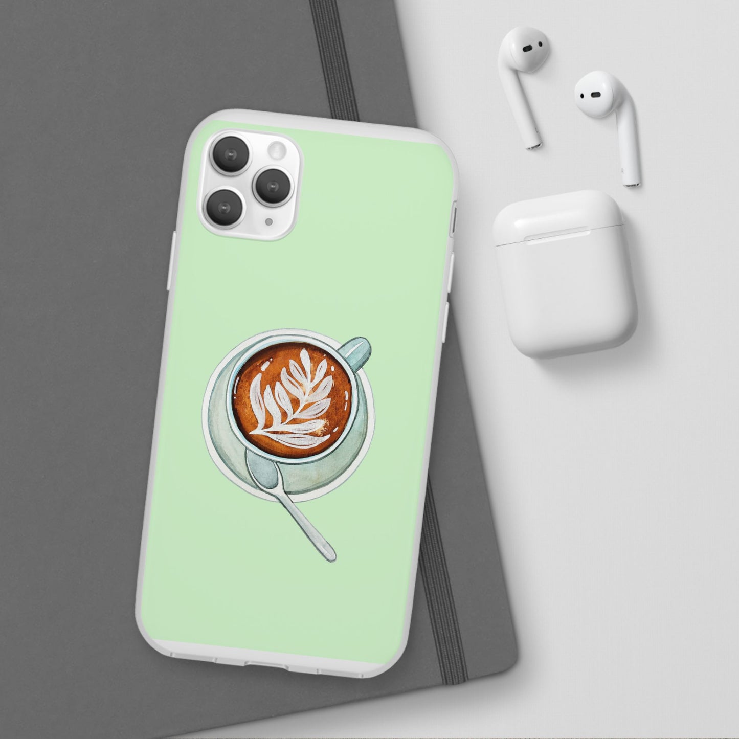 Coffee Art Flexi Cases for iPhone, Cute Phone Cover, Tea Lover Gift, Aesthetic Accessories, Green Leaf Design