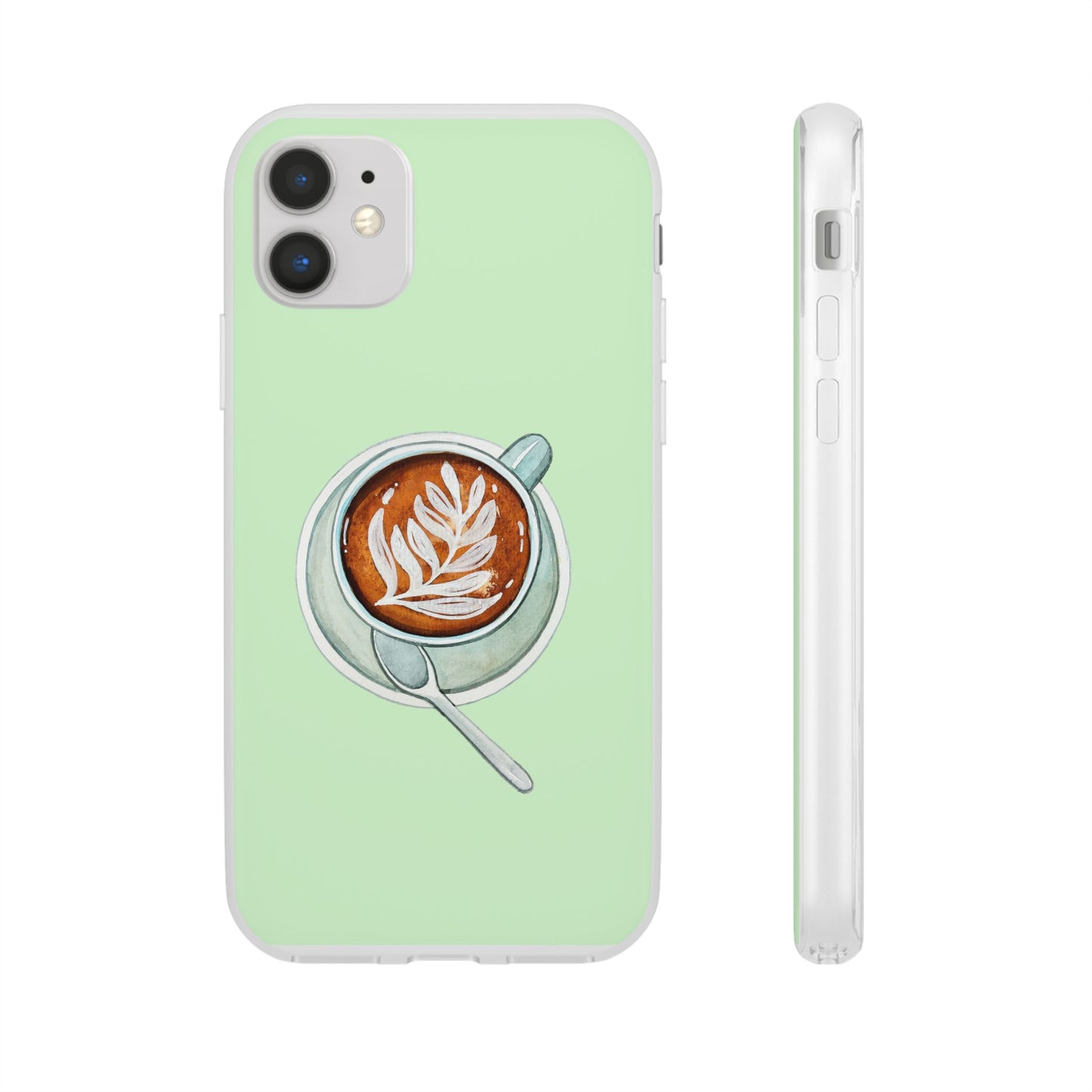 Coffee Art Flexi Cases for iPhone, Cute Phone Cover, Tea Lover Gift, Aesthetic Accessories, Green Leaf Design