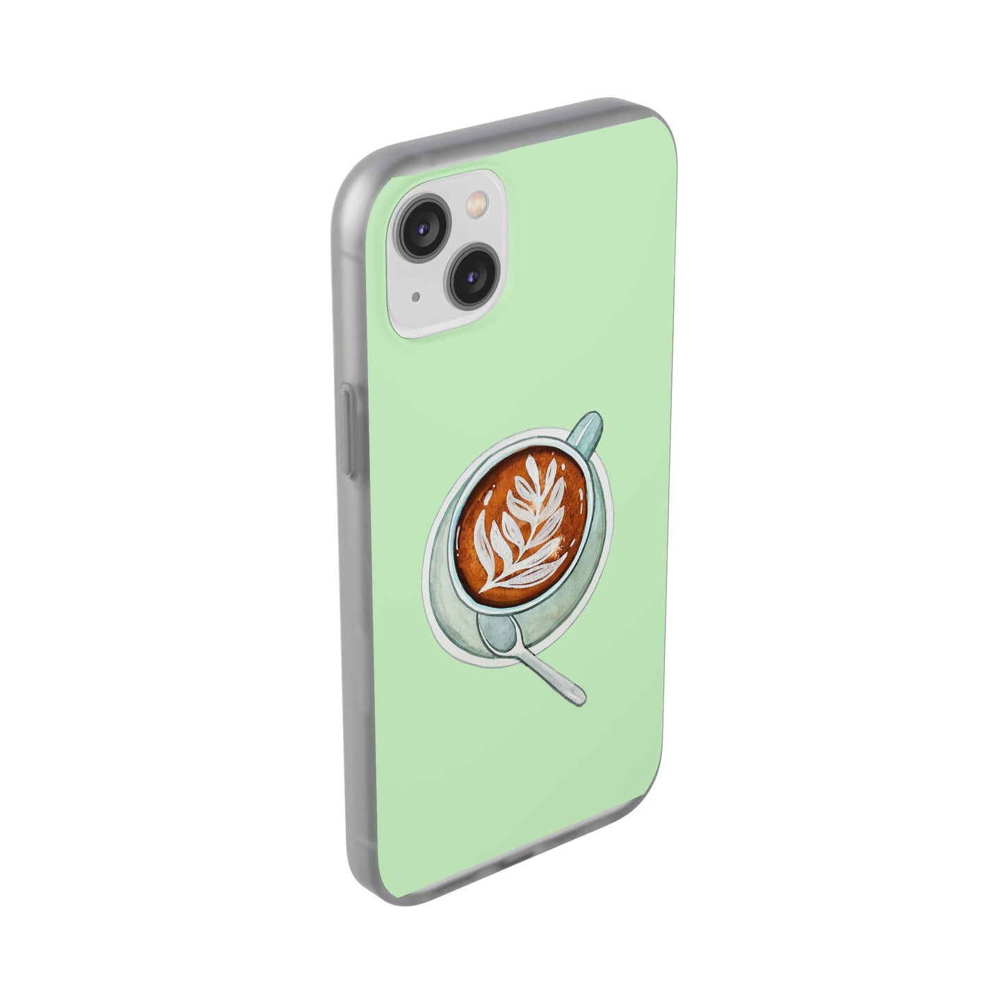 Coffee Art Flexi Cases for iPhone, Cute Phone Cover, Tea Lover Gift, Aesthetic Accessories, Green Leaf Design