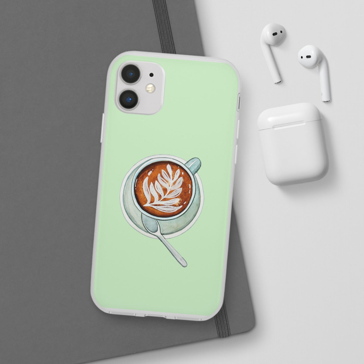 Coffee Art Flexi Cases for iPhone, Cute Phone Cover, Tea Lover Gift, Aesthetic Accessories, Green Leaf Design