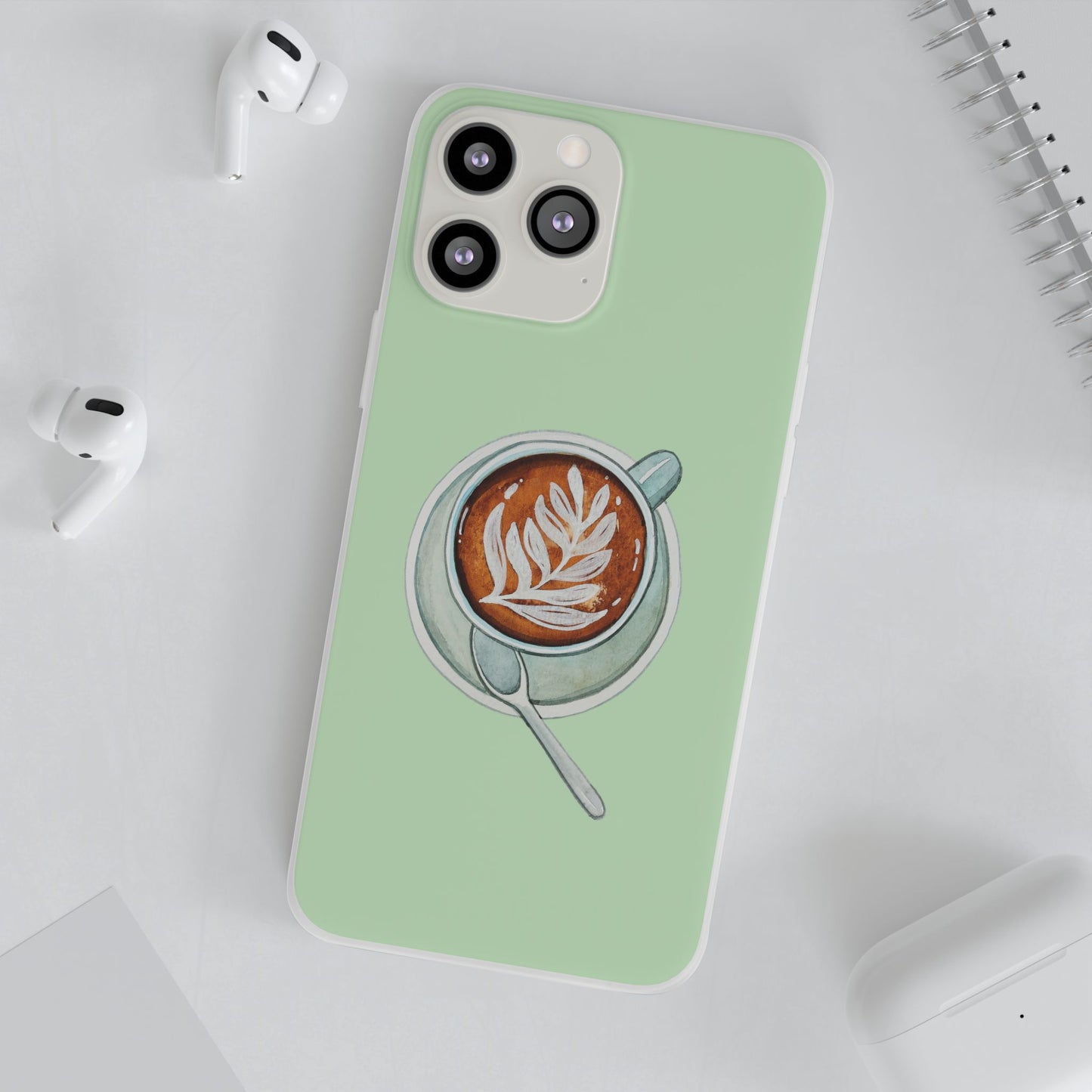 Coffee Art Flexi Cases for iPhone, Cute Phone Cover, Tea Lover Gift, Aesthetic Accessories, Green Leaf Design