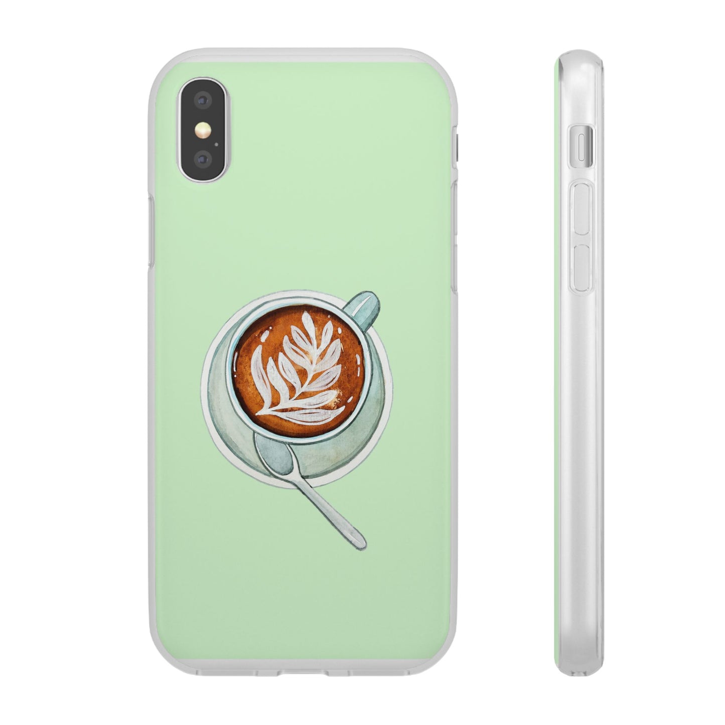 Coffee Art Flexi Cases for iPhone, Cute Phone Cover, Tea Lover Gift, Aesthetic Accessories, Green Leaf Design
