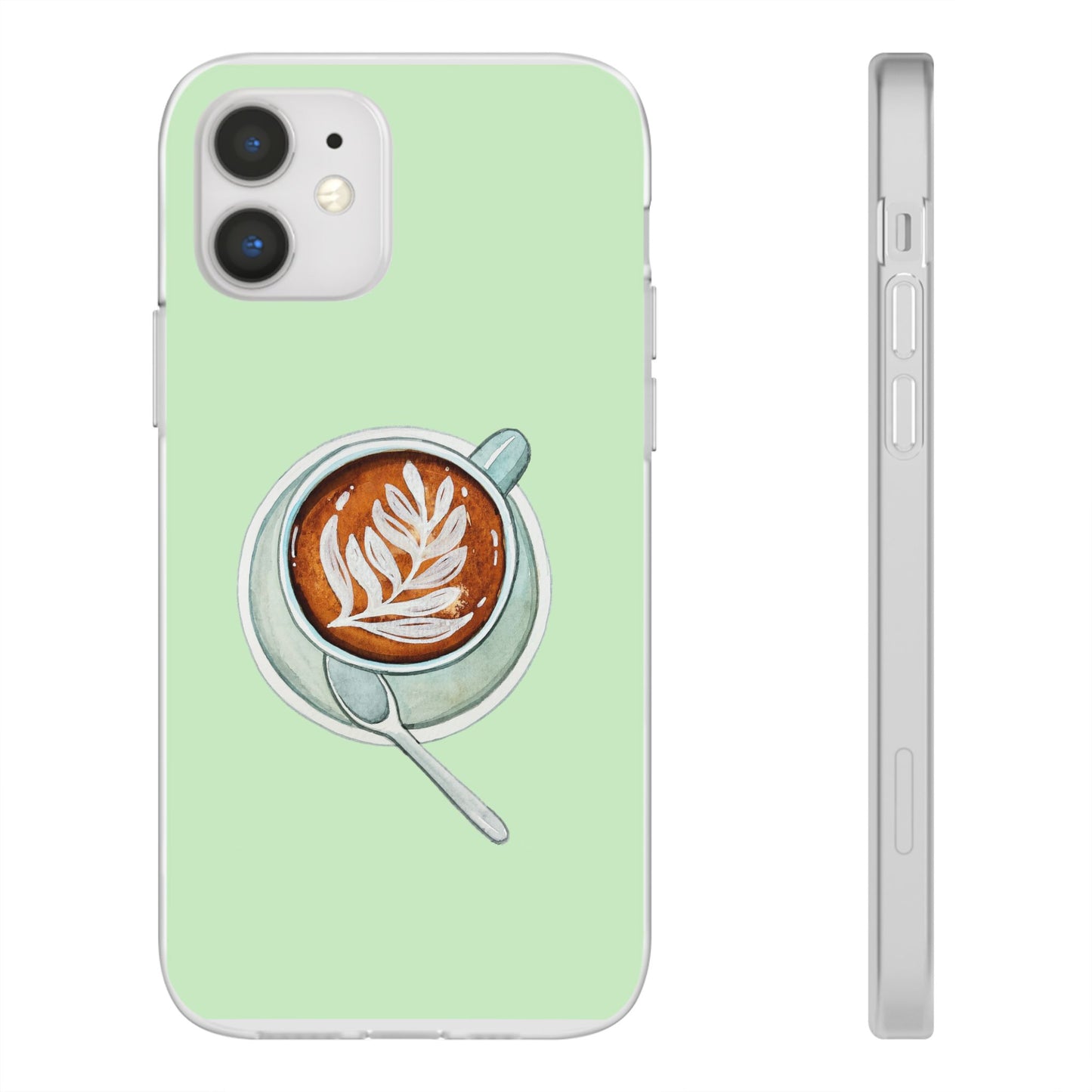 Coffee Art Flexi Cases for iPhone, Cute Phone Cover, Tea Lover Gift, Aesthetic Accessories, Green Leaf Design