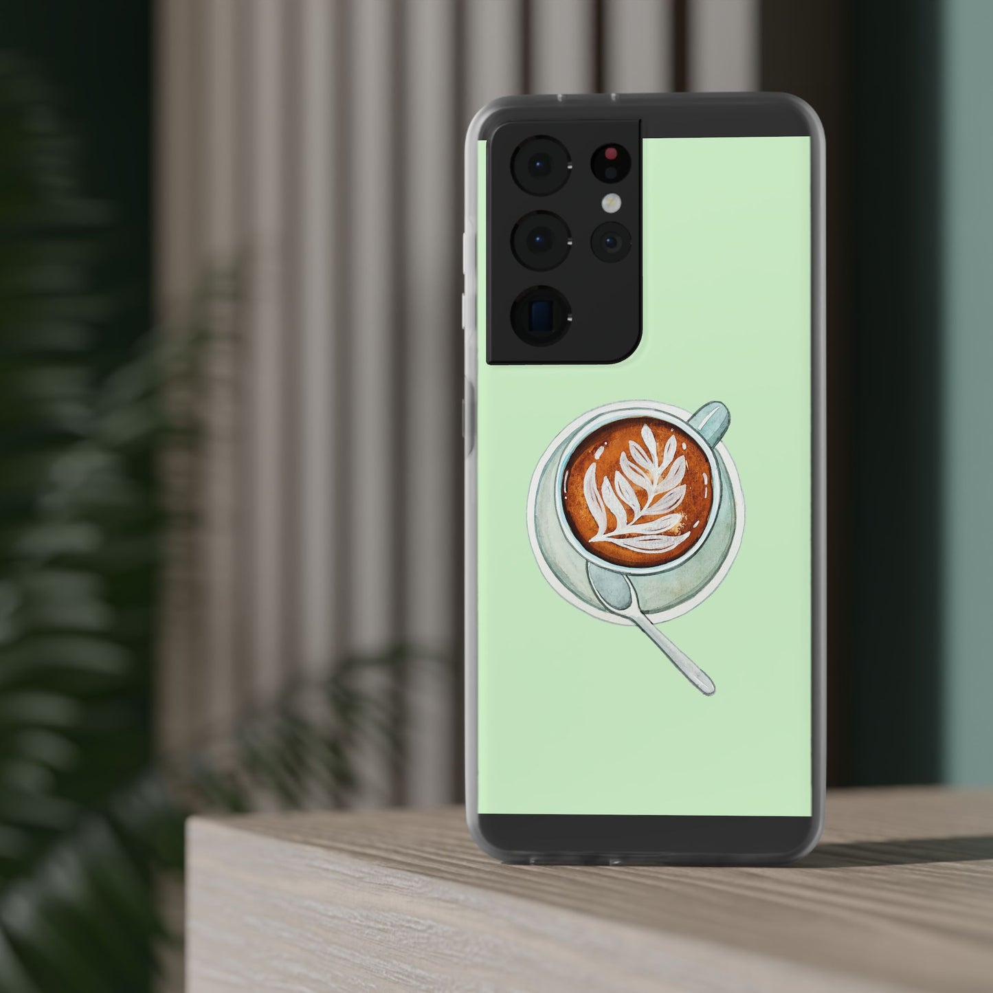Coffee Art Flexi Cases for iPhone, Cute Phone Cover, Tea Lover Gift, Aesthetic Accessories, Green Leaf Design