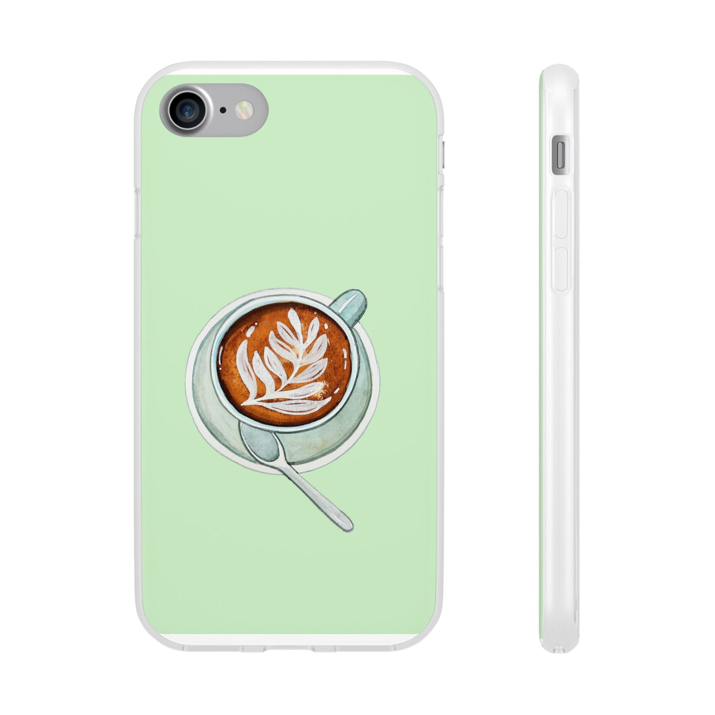 Coffee Art Flexi Cases for iPhone, Cute Phone Cover, Tea Lover Gift, Aesthetic Accessories, Green Leaf Design
