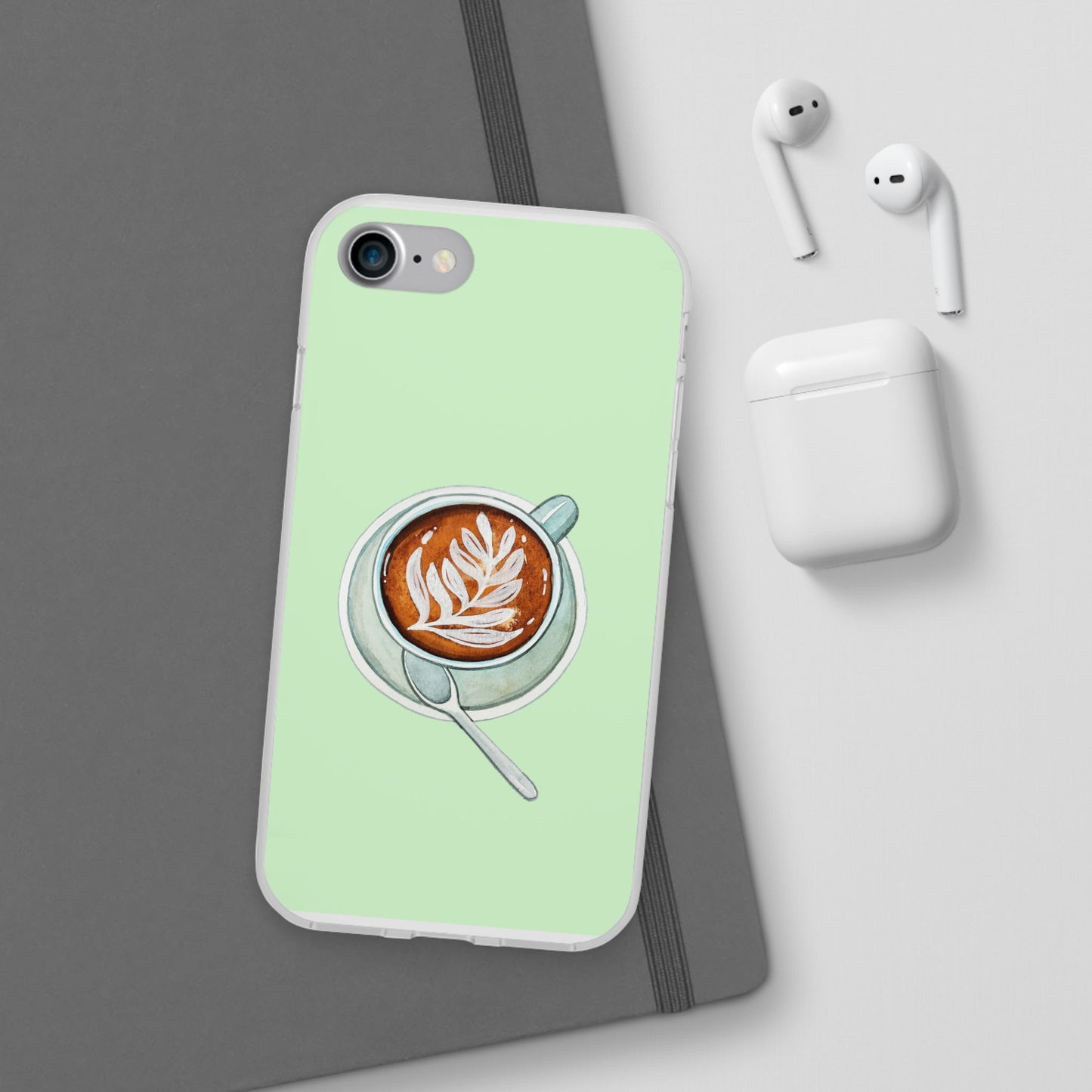 Coffee Art Flexi Cases for iPhone, Cute Phone Cover, Tea Lover Gift, Aesthetic Accessories, Green Leaf Design