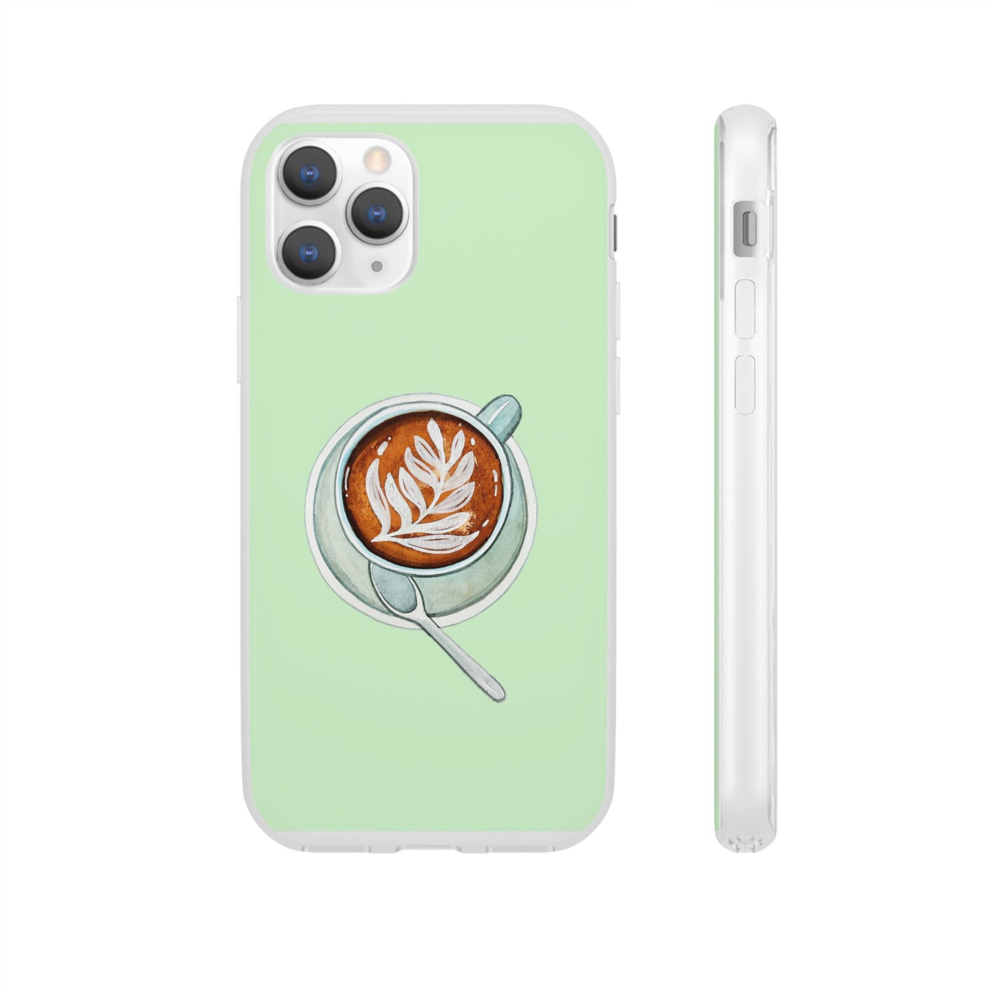 Coffee Art Flexi Cases for iPhone, Cute Phone Cover, Tea Lover Gift, Aesthetic Accessories, Green Leaf Design