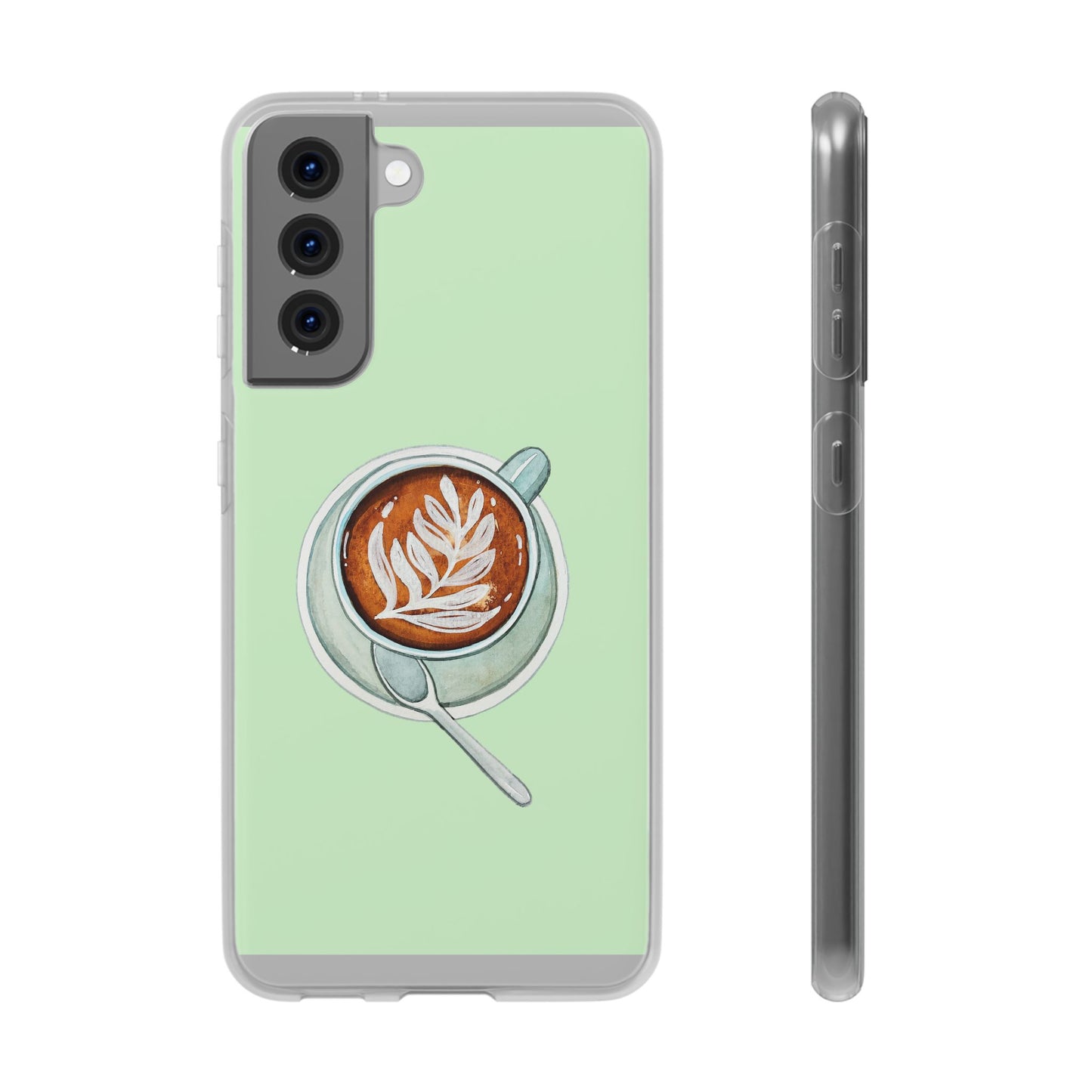 Coffee Art Flexi Cases for iPhone, Cute Phone Cover, Tea Lover Gift, Aesthetic Accessories, Green Leaf Design