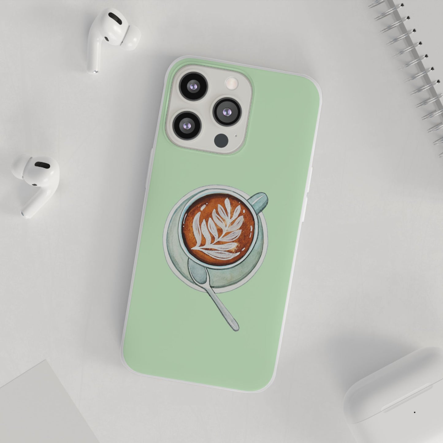 Coffee Art Flexi Cases for iPhone, Cute Phone Cover, Tea Lover Gift, Aesthetic Accessories, Green Leaf Design