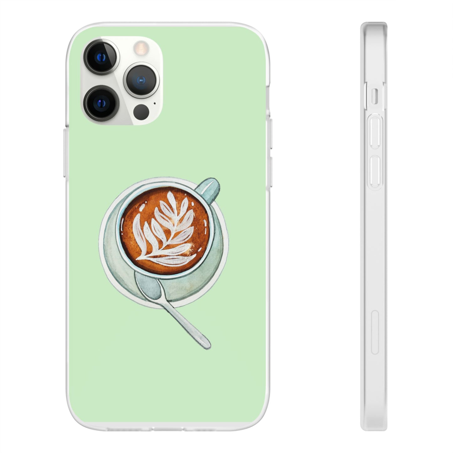 Coffee Art Flexi Cases for iPhone, Cute Phone Cover, Tea Lover Gift, Aesthetic Accessories, Green Leaf Design