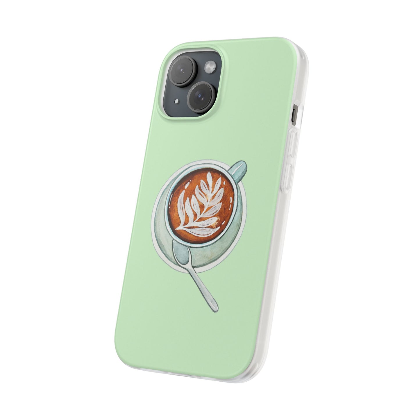 Coffee Art Flexi Cases for iPhone, Cute Phone Cover, Tea Lover Gift, Aesthetic Accessories, Green Leaf Design