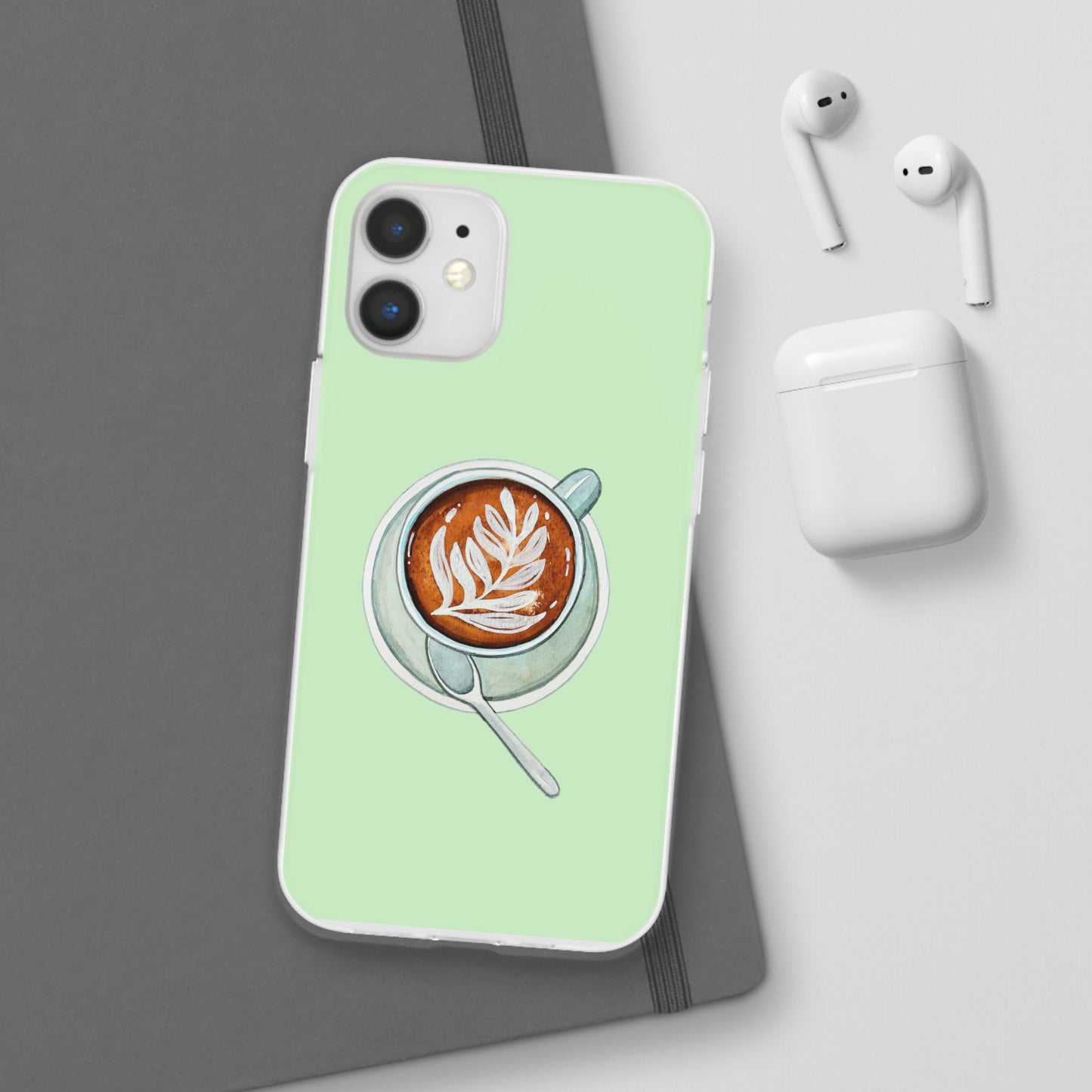 Coffee Art Flexi Cases for iPhone, Cute Phone Cover, Tea Lover Gift, Aesthetic Accessories, Green Leaf Design
