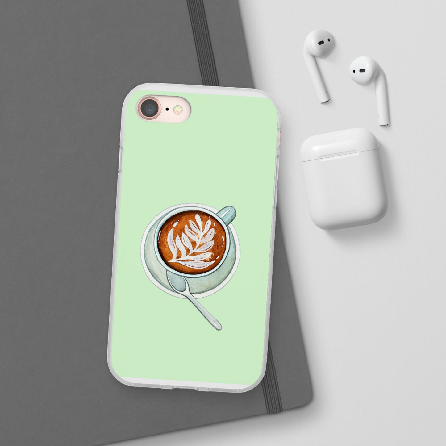 Coffee Art Flexi Cases for iPhone, Cute Phone Cover, Tea Lover Gift, Aesthetic Accessories, Green Leaf Design